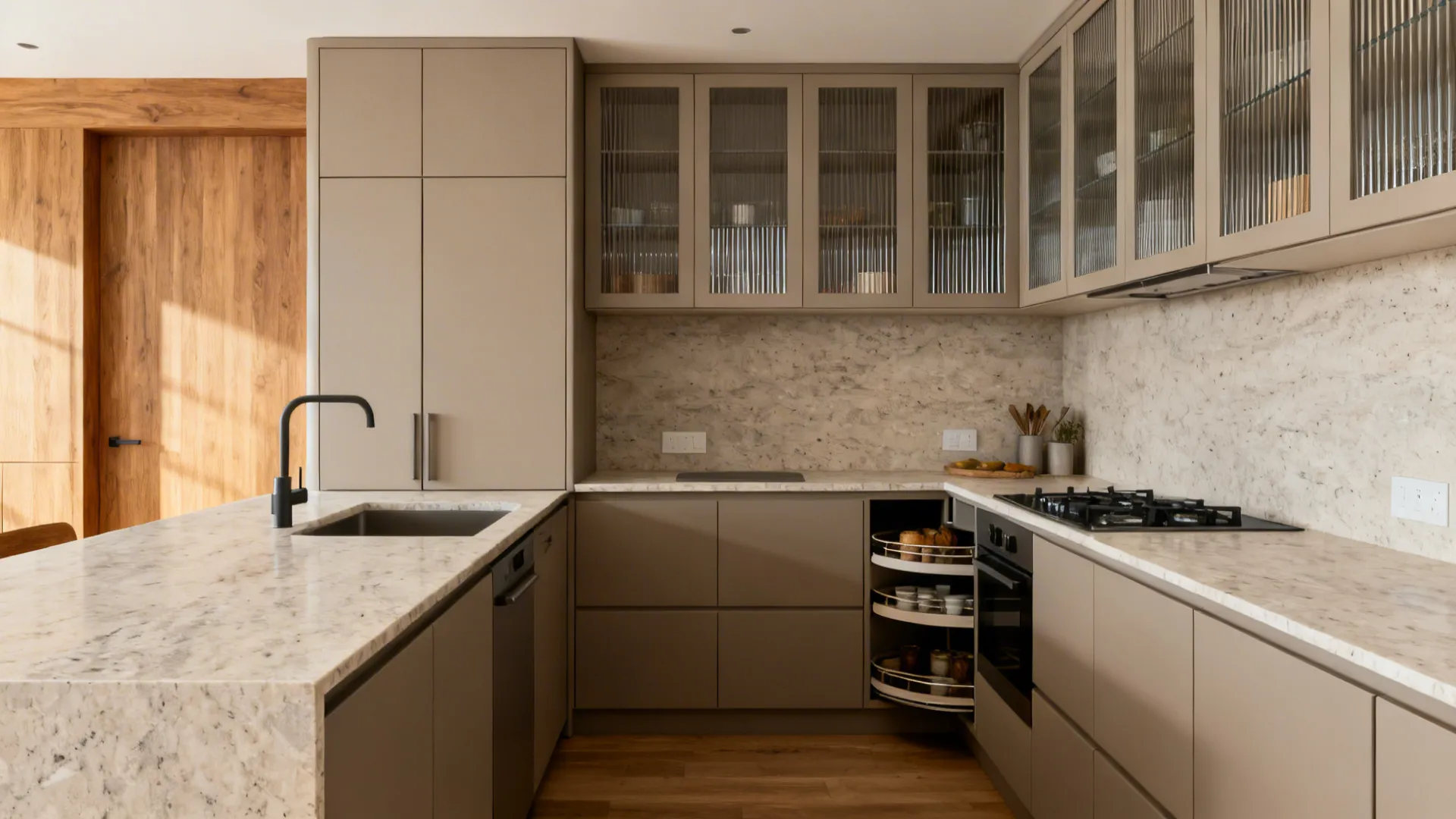 Small L-shaped kitchen with semi modular bases and a tall pantry balanced by light uppers.