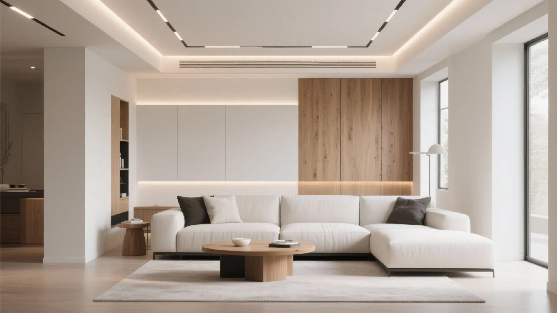 Modern living room with white sofa wood wall panel round coffee table and warm ceiling light