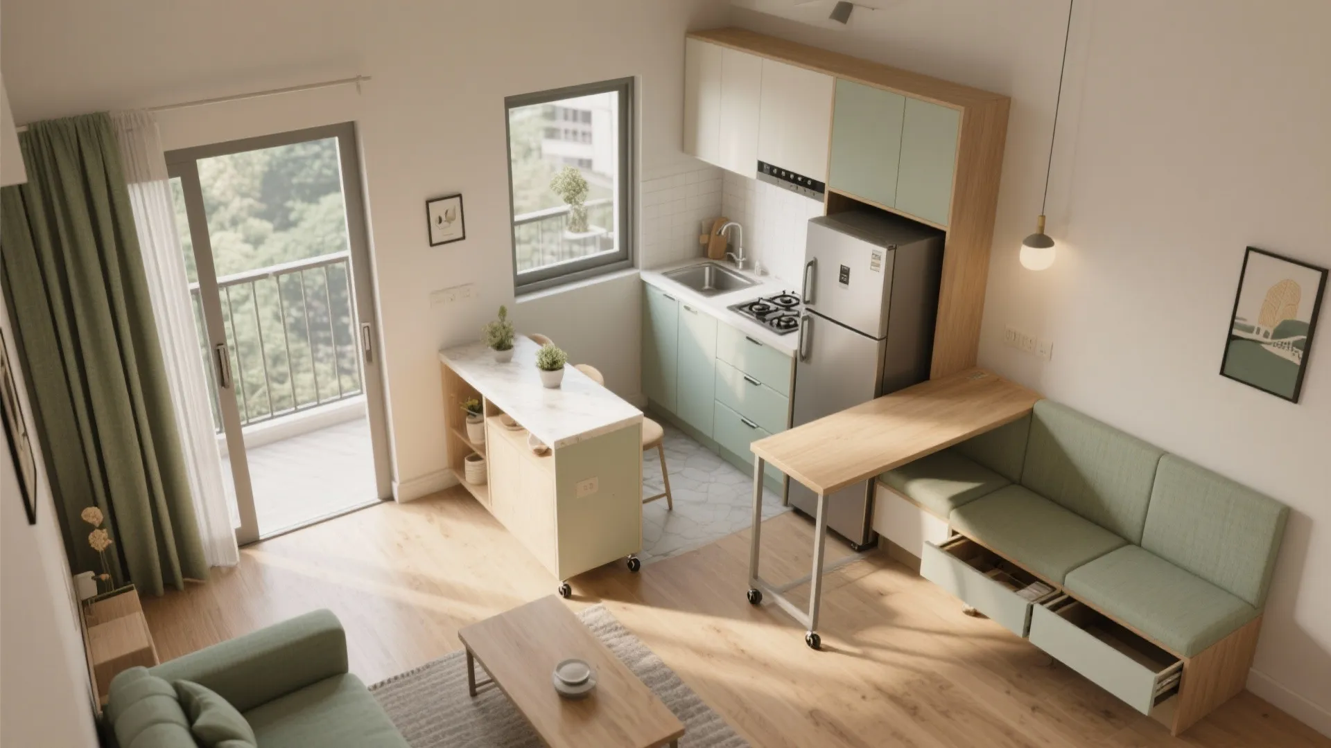 Hybrid layout: single-wall core + movable island/bench