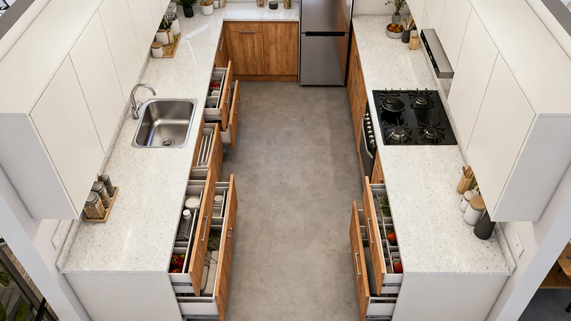 Galley and L-shape hybrids that maximize drawer storage