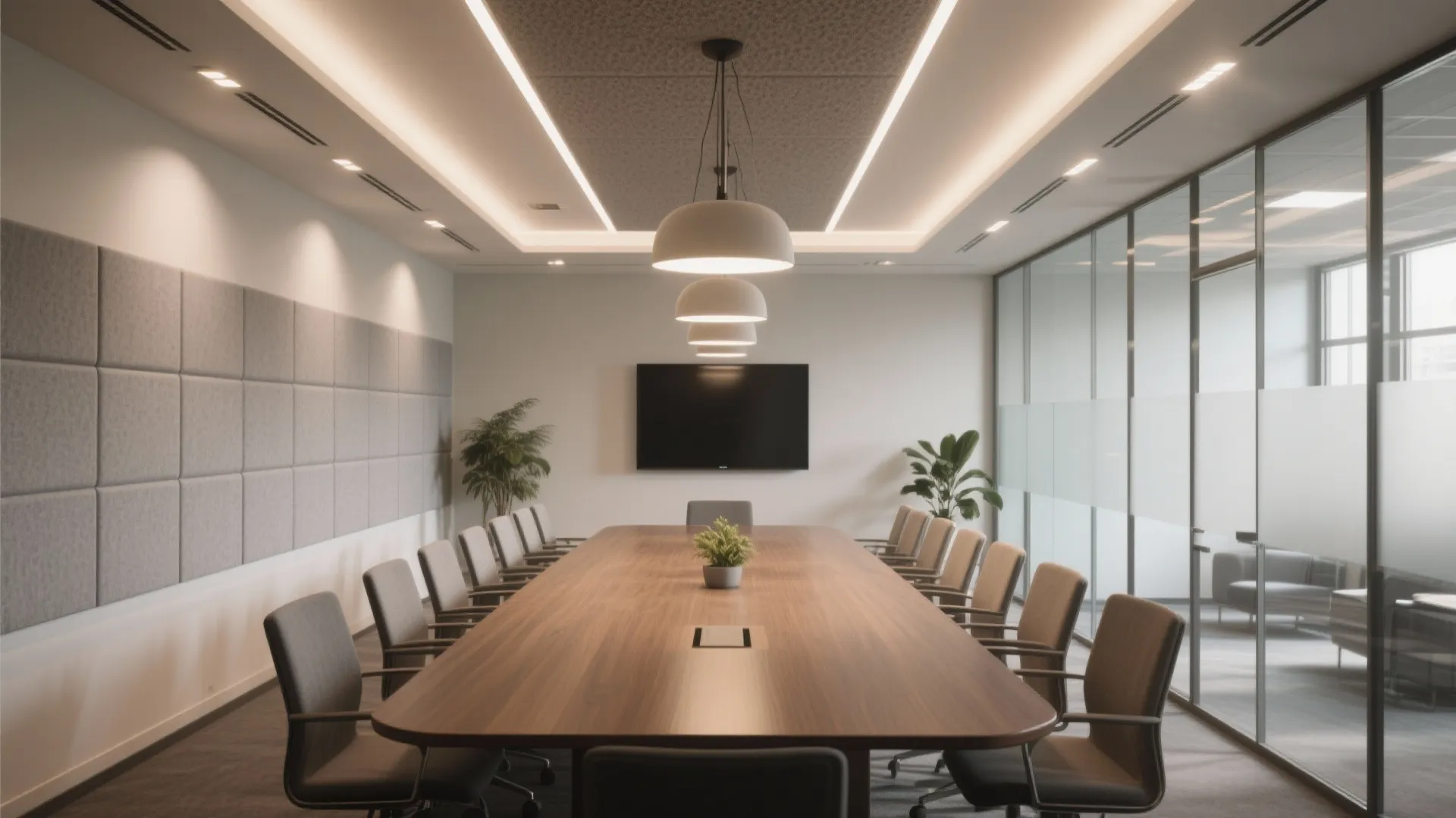 Spacious conference room with wooden table grey wall panels ceiling light fixtures and glass walls