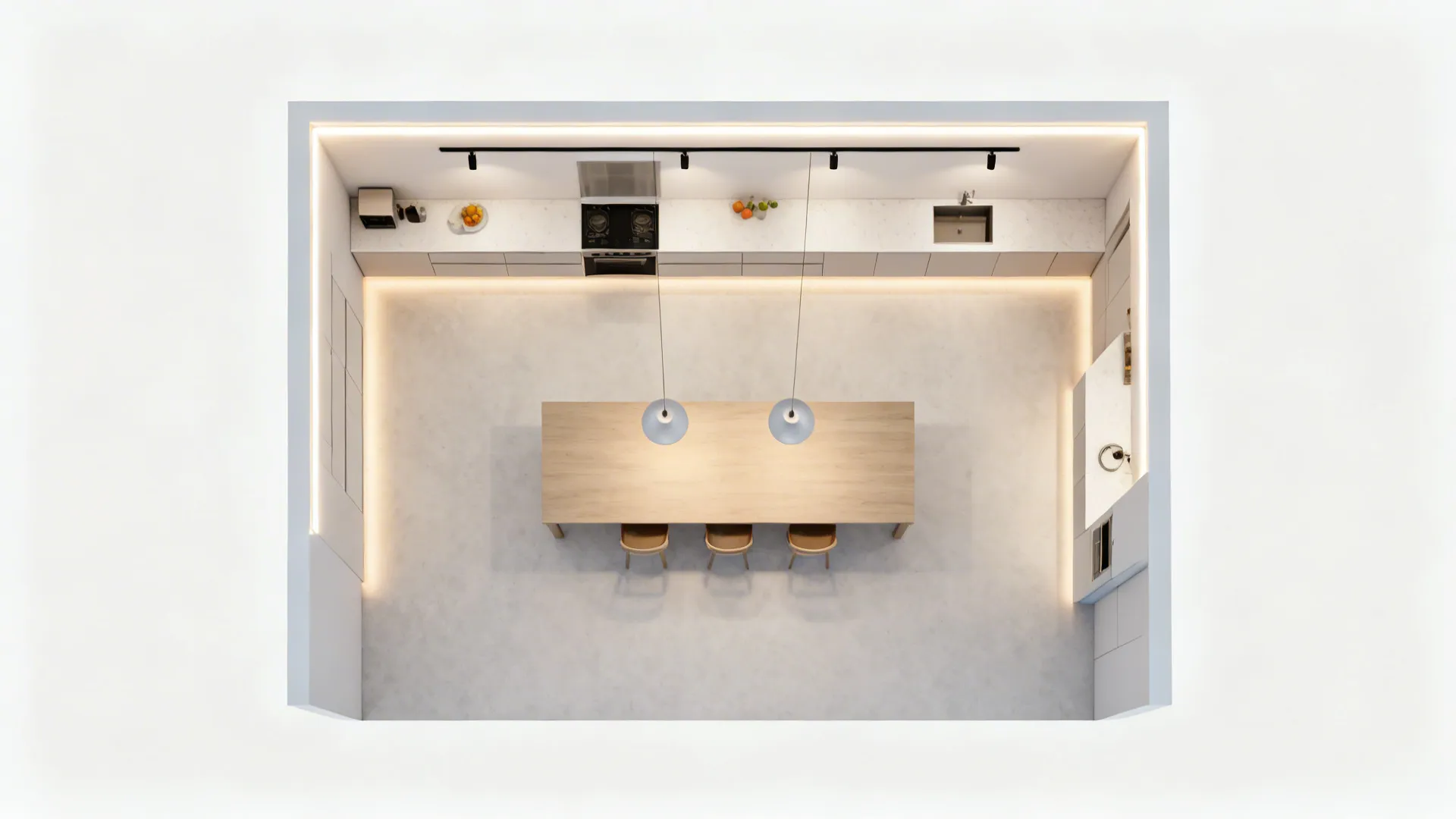 Top-down view showing POP cove perimeter and concealed rail powering two pendants over an island.