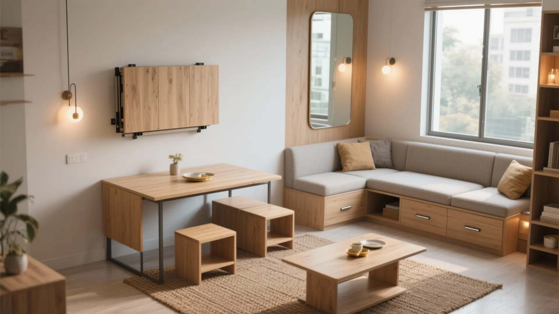 Modern living room with wooden table stools grey corner sofa with storage and wall light