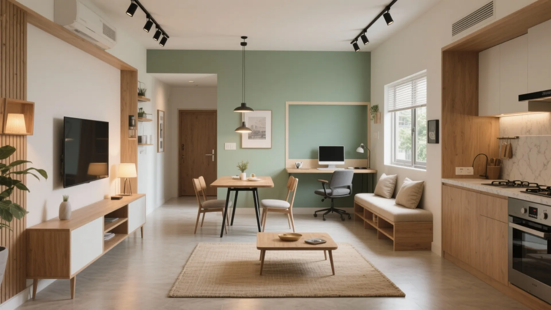 Open plan living room with green wall, wooden furniture, workspace, dining area, and kitchen cabinets