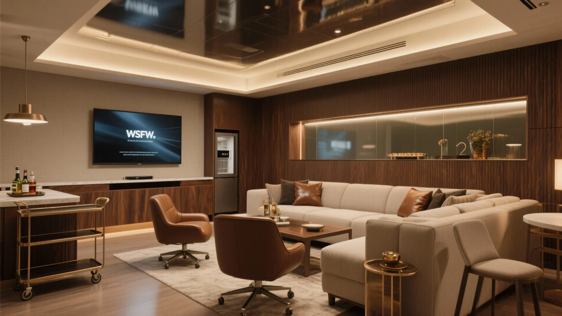 Large lounge area featuring beige sofa brown leather chairs wooden wall panels and large television