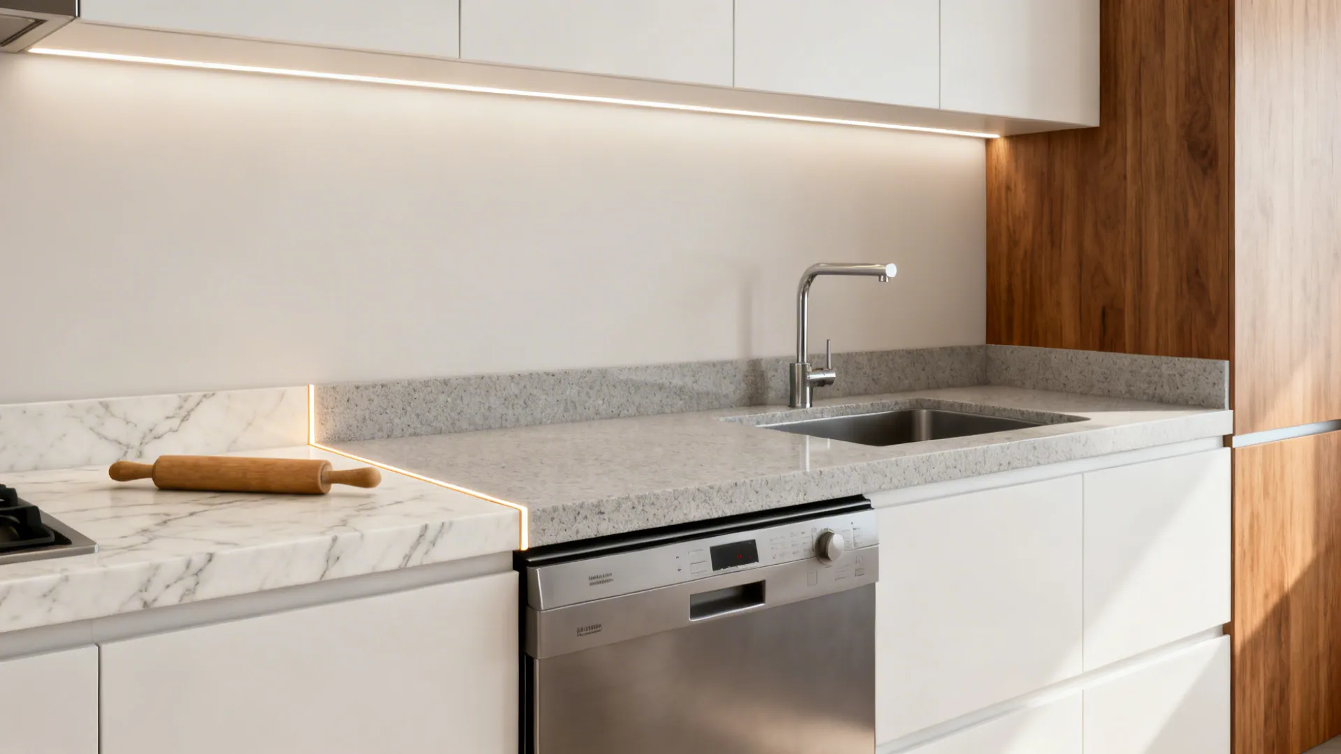 Indian kitchen showing a marble prep strip and quartz around the sink with a neat silicone joint.