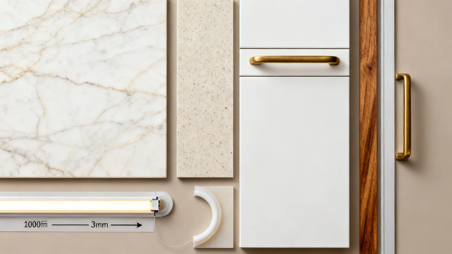 Flat lay of marble and quartz samples with cabinet, wood, brass, and LED swatches.