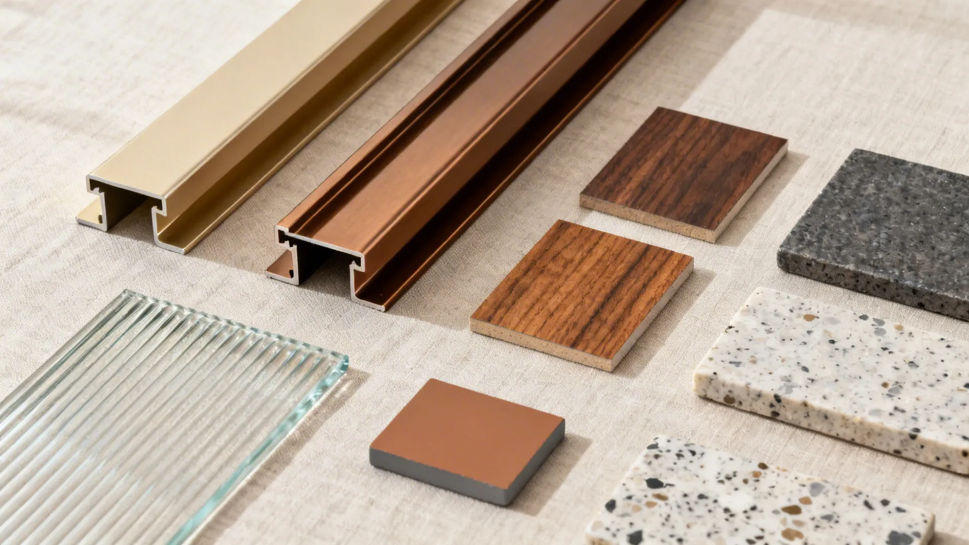 Interior design material palette with metal rails wood samples stone tiles and fluted glass on fabric