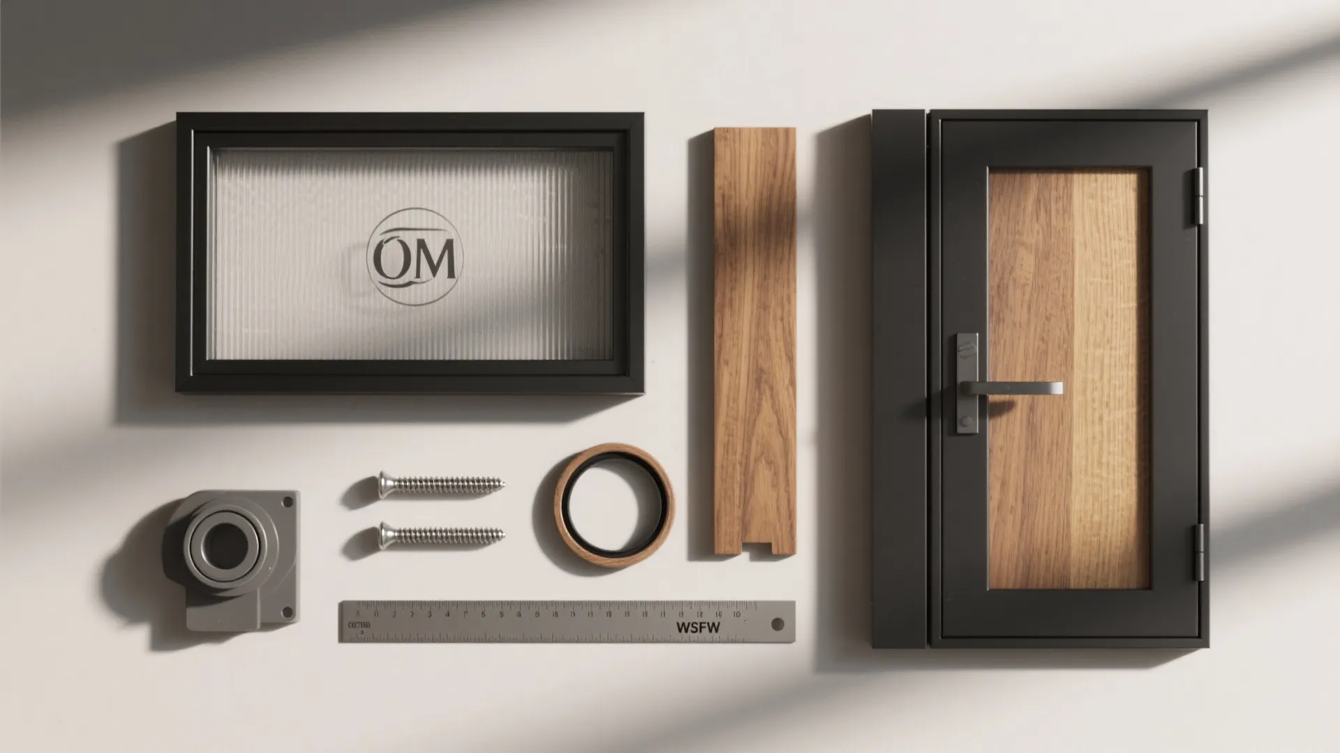 Black window frame, wood plank, metal screws, ruler, and miniature door model on white background