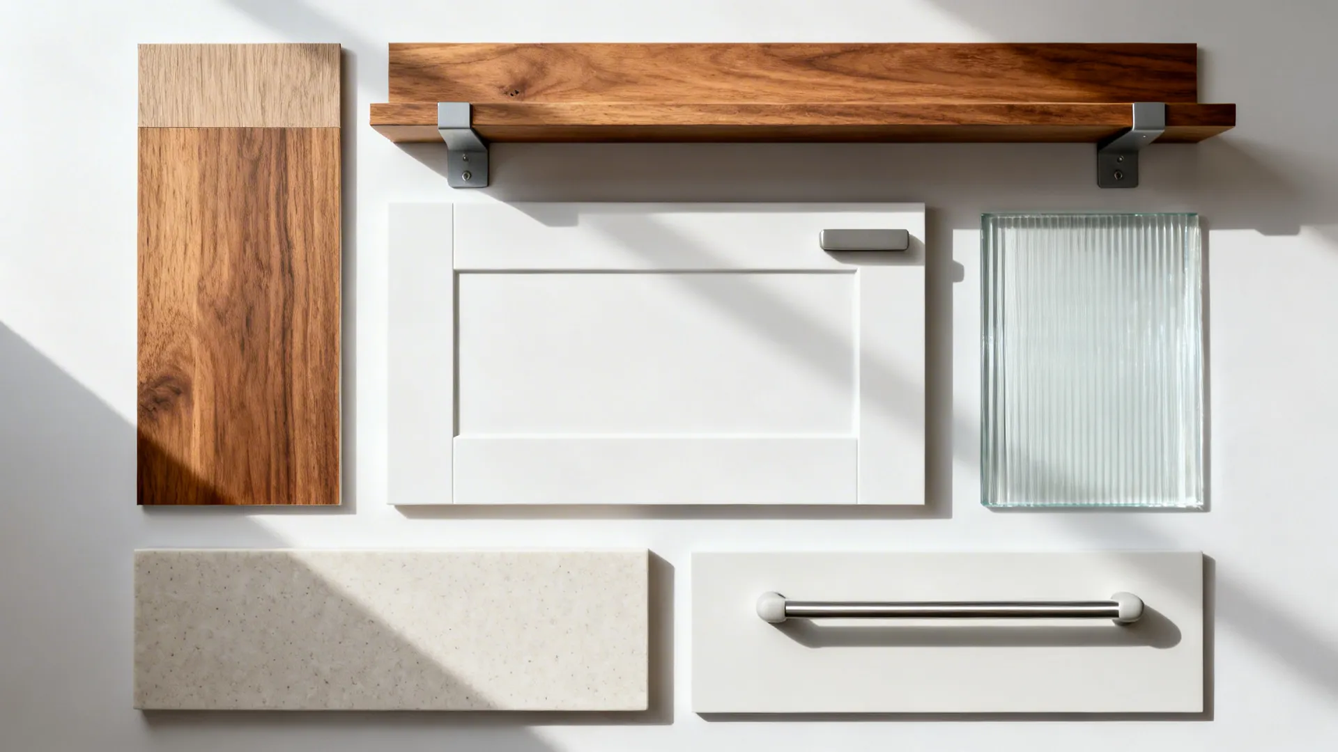 Material flat lay with oak shelf, matte white door, steel bracket, glass swatches, and pale quartz.