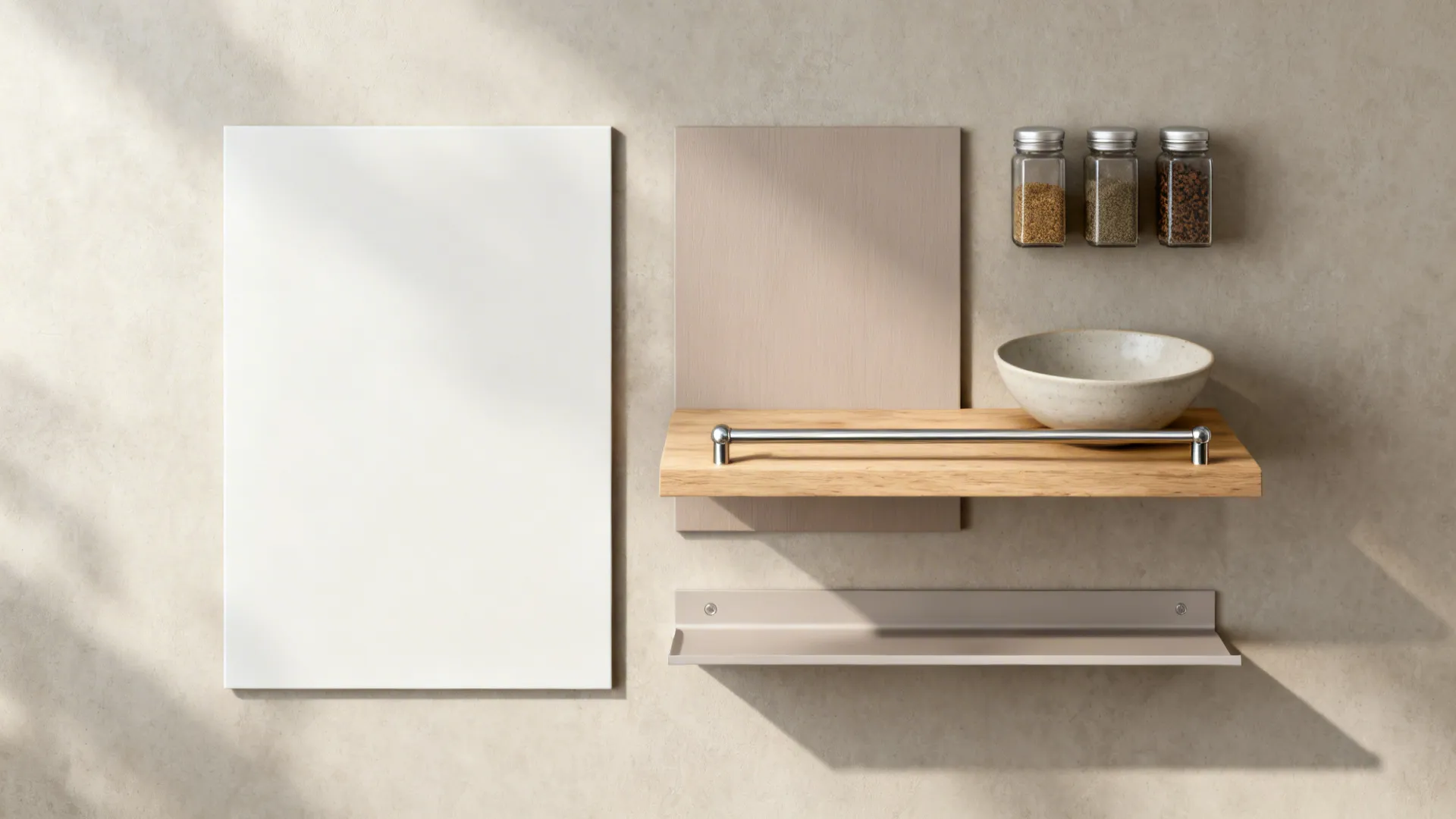 Flat lay of matte lacquer samples, oak shelf, brushed rail, spices, and ceramics for a hybrid wall.