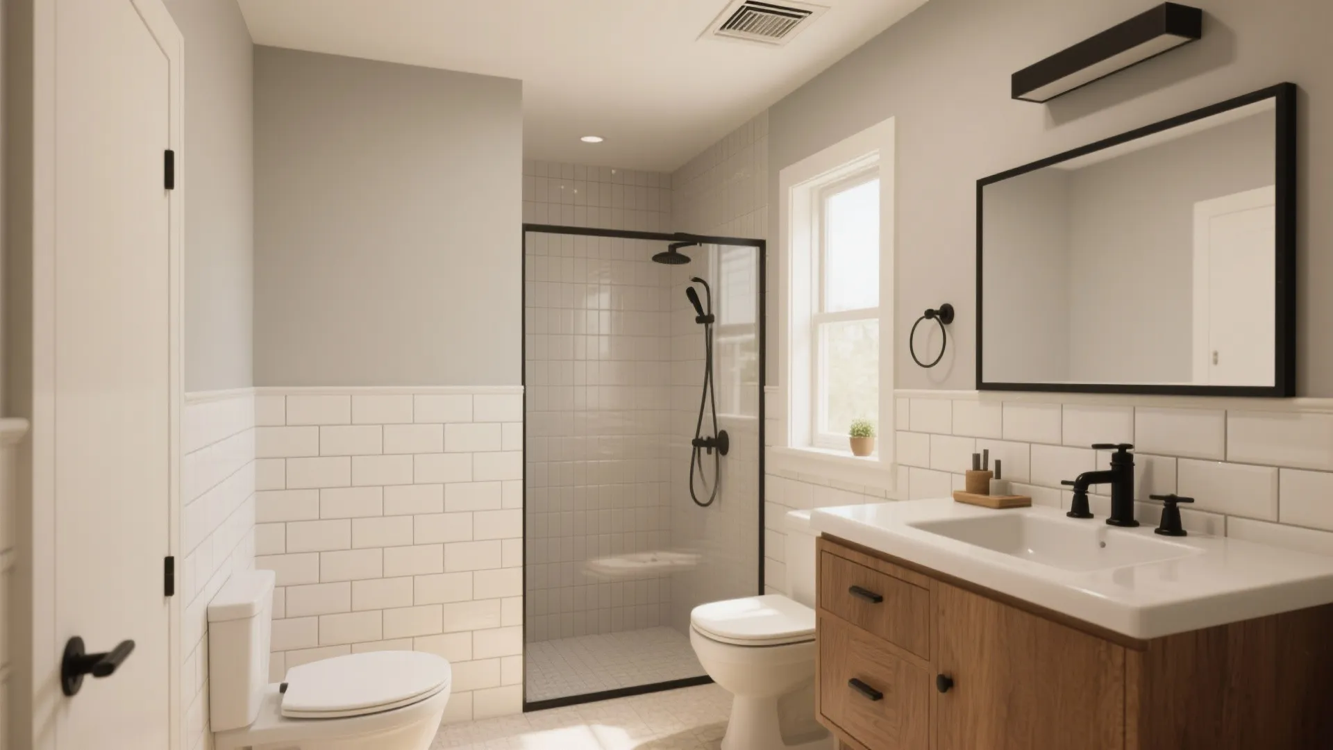 Small bathroom interior with walk in shower white wall tiles wooden cabinet and black light fixture