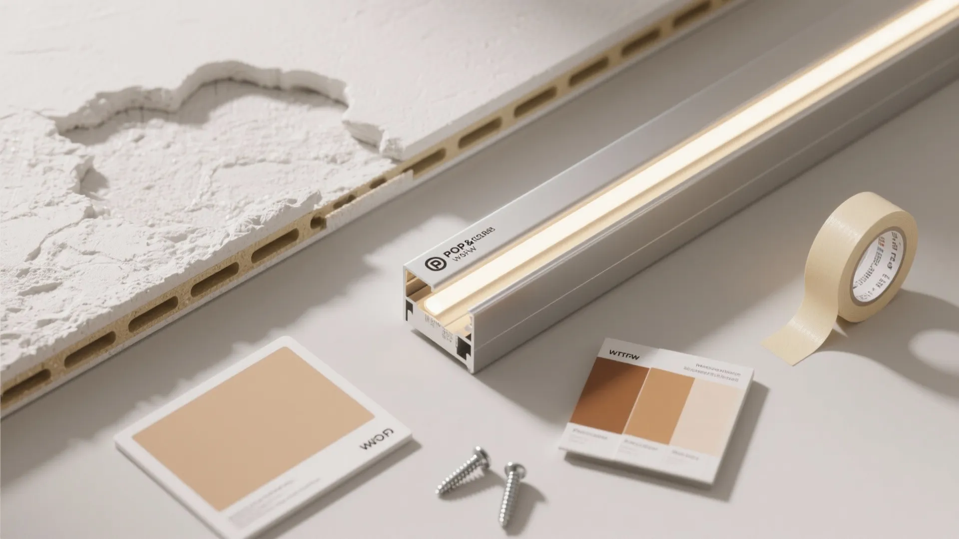 Flat lay of POP plaster, gypsum board, aluminum LED channel, LED strip, and paint chips.