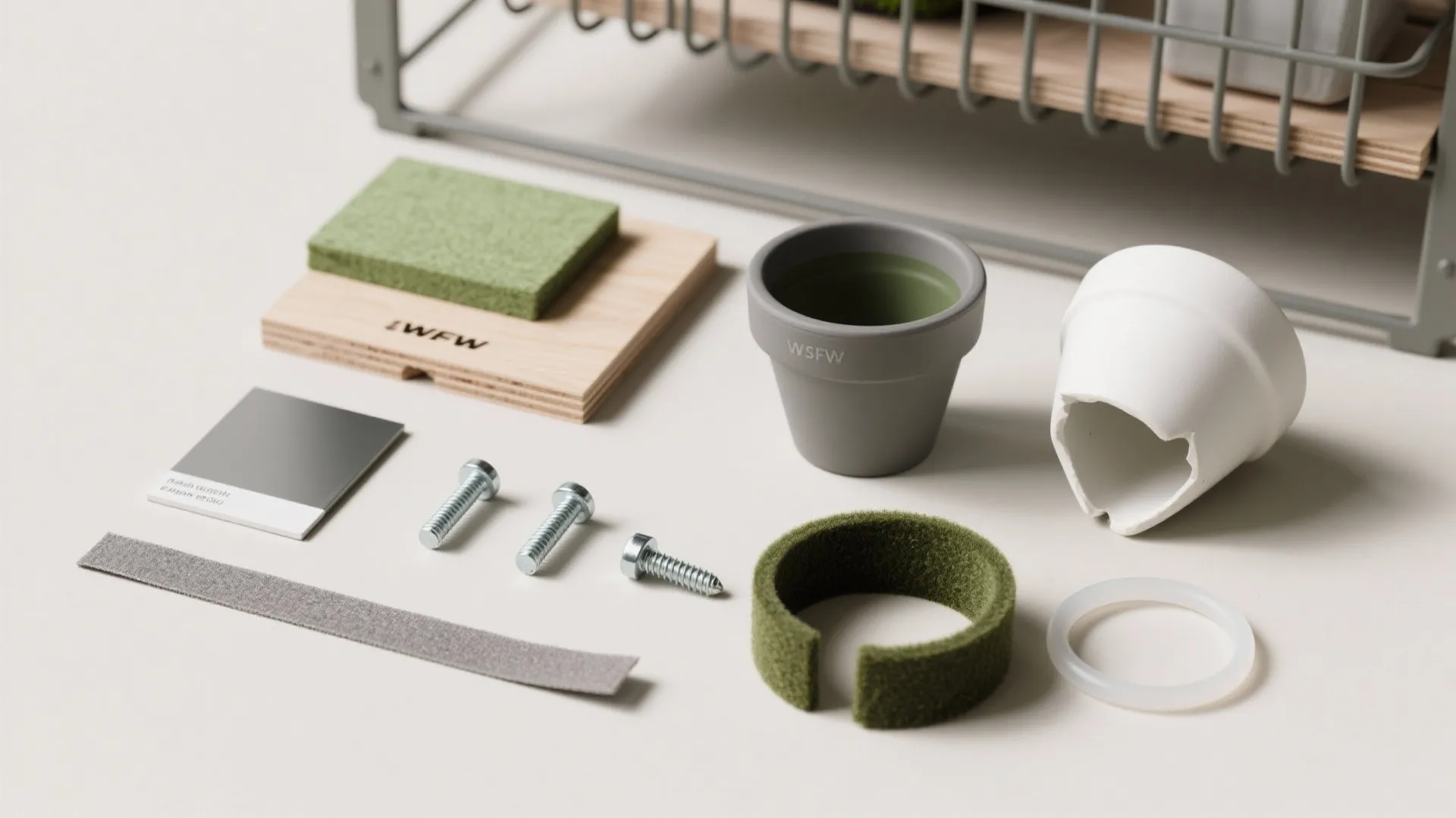 Flat lay of marine plywood, powder-coated steel, stainless screws, and pot materials.