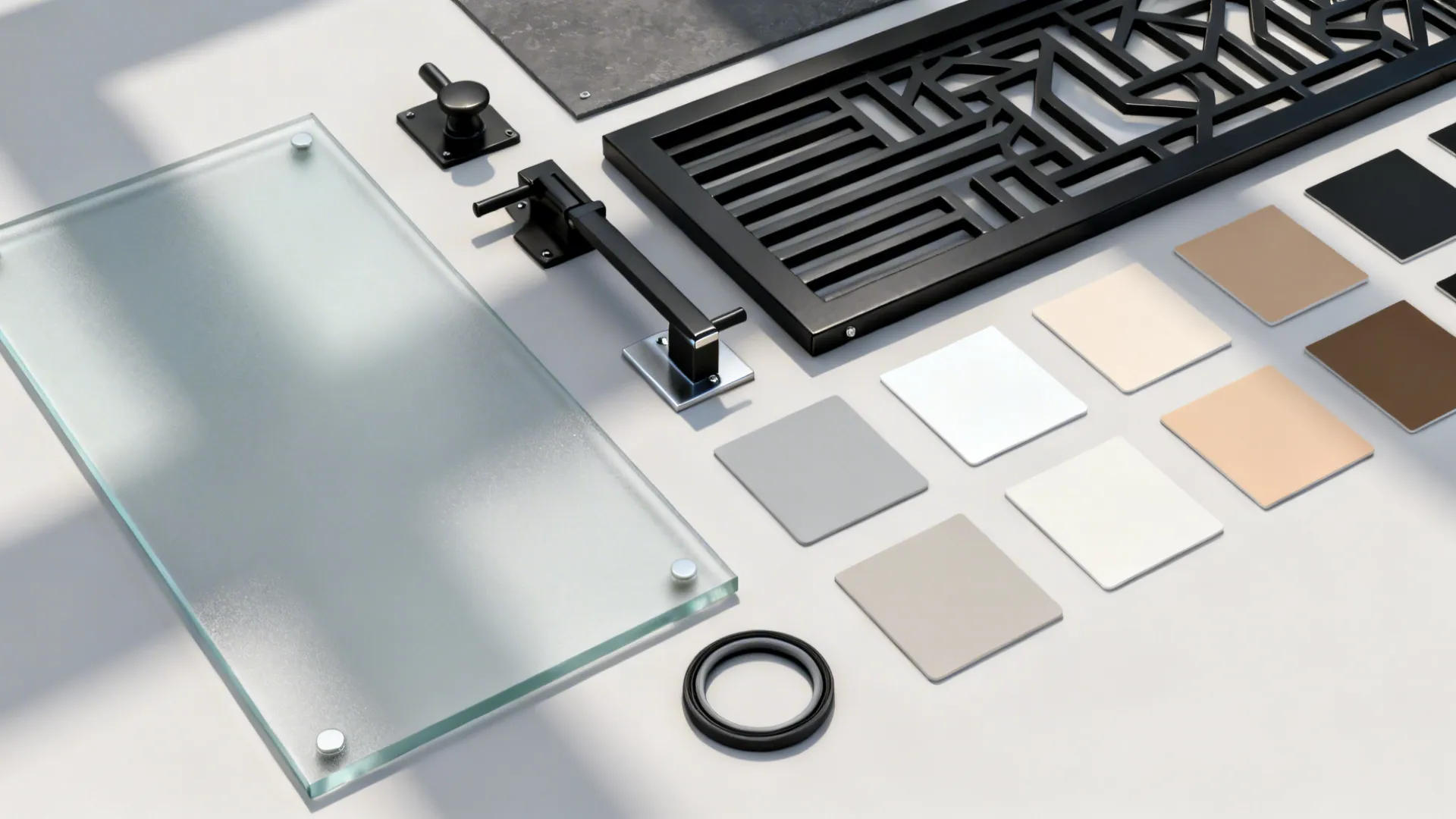 Top-down flat lay of frosted glass, metal jali strips, hardware, and neutral swatches.