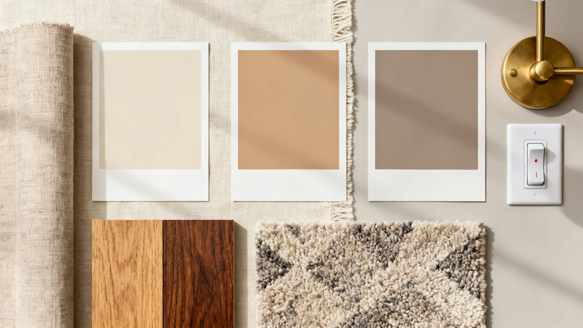 Flatlay of neutral paint swatches, oak and walnut, linen and wool textiles, and brass lighting hardware for a hybrid room.