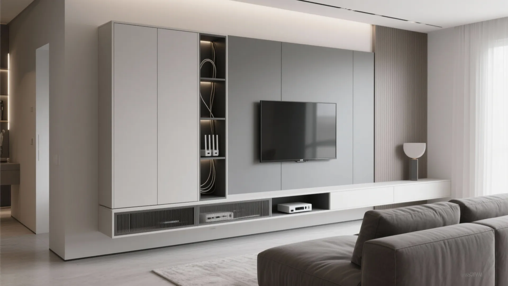 3) Tall Cabinet + Panel: The Hybrid Media Wall