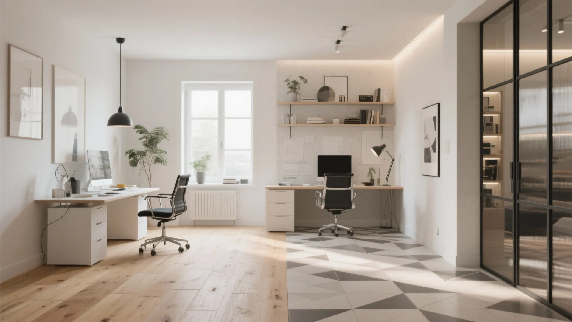 Modern shared office with two wooden desks, black chairs, white walls, and decorative floor tiles