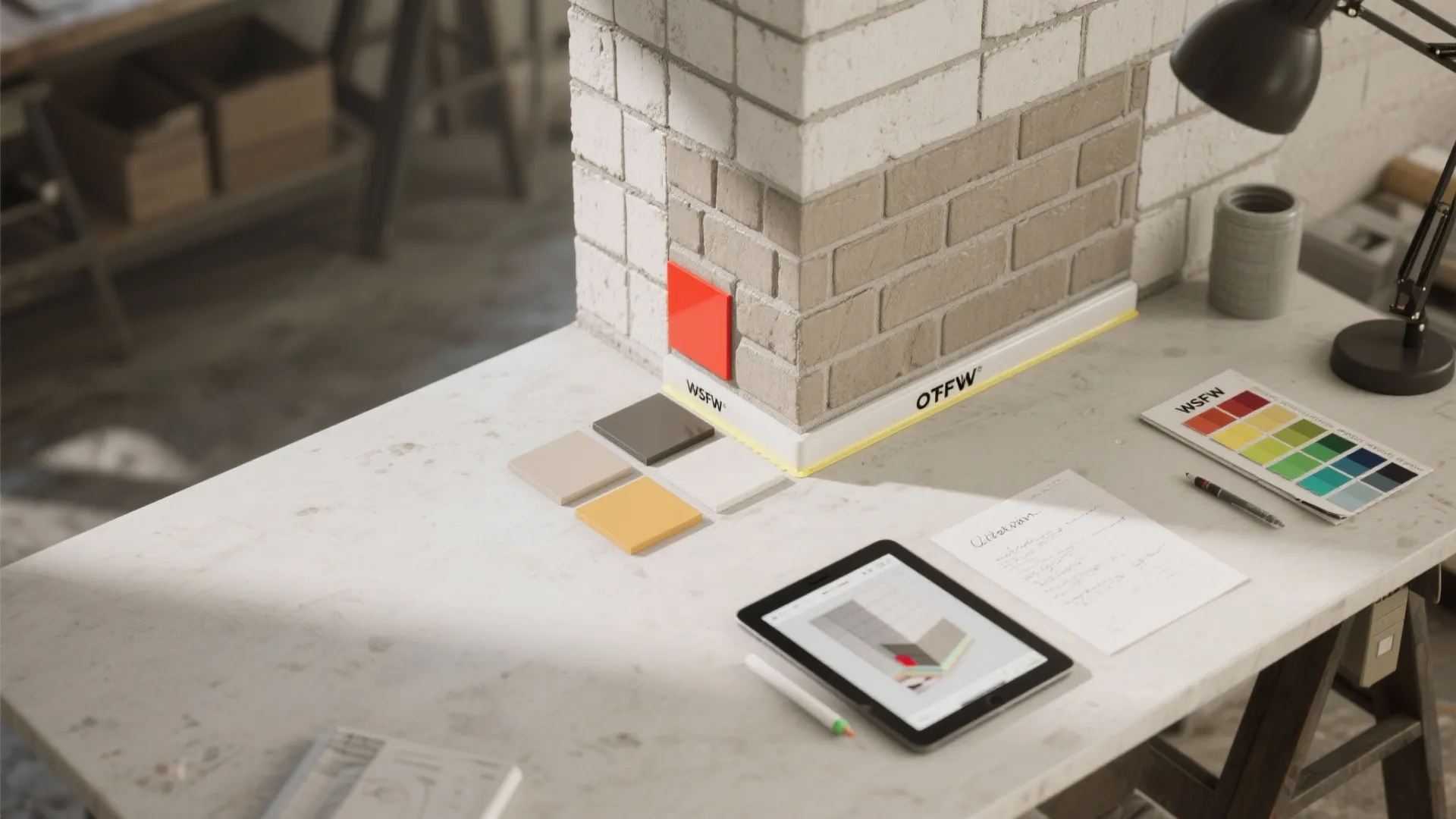 Top-down mockup corner with masonry sealant, topcoat swatches and a tablet 3D render for visualization.