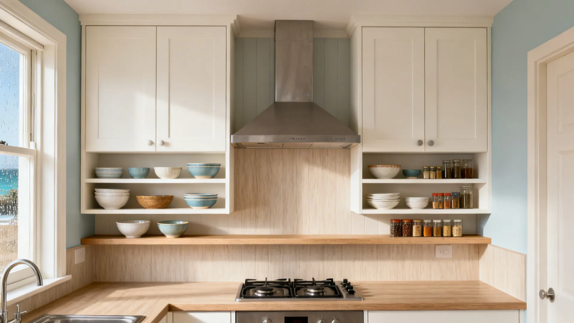 Modern kitchen with white cabinets wooden open shelves stainless steel extractor fan and gas stove
