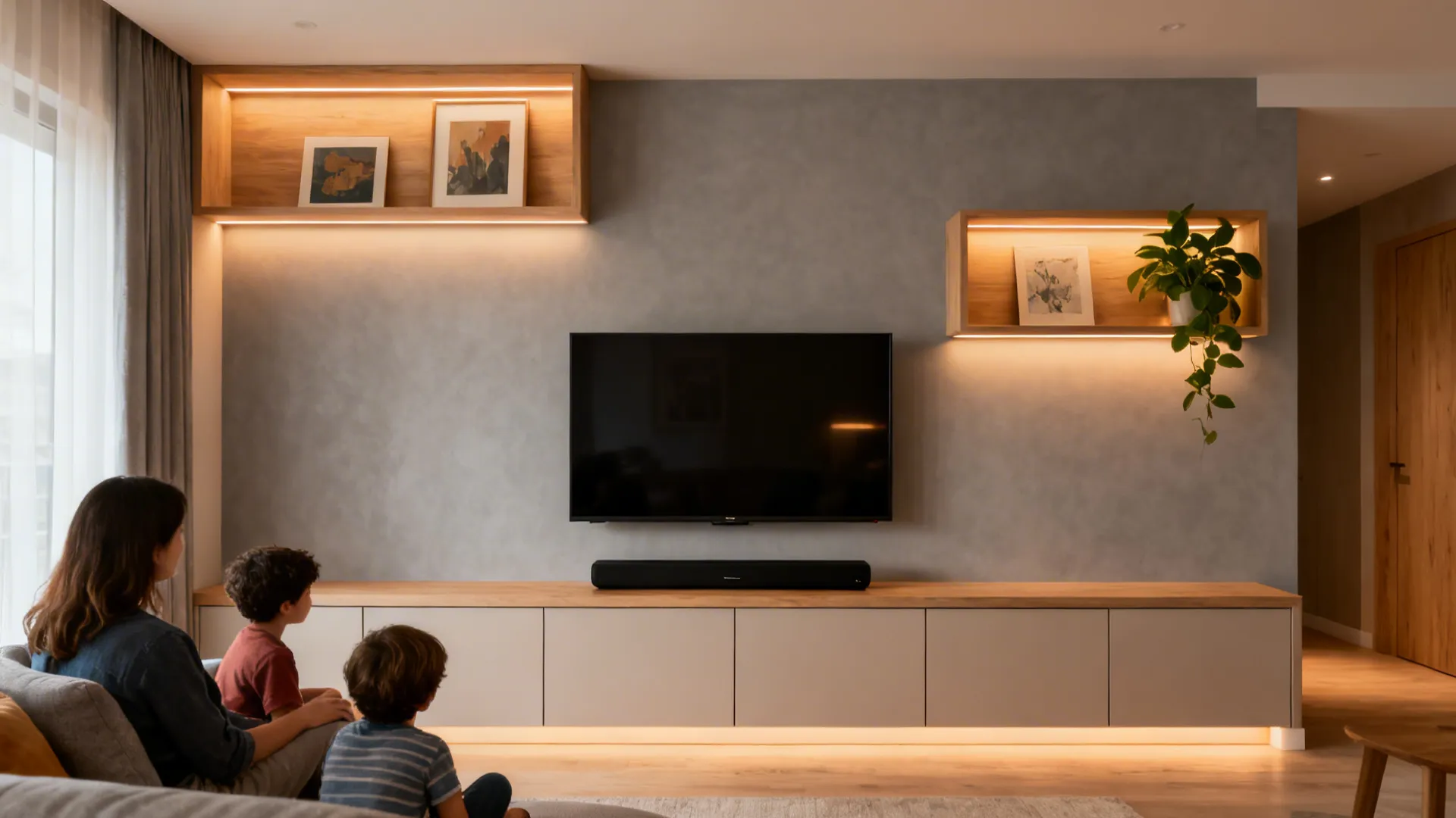 Hybrid TV wall with closed base storage and asymmetric backlit niches above in warm tones.