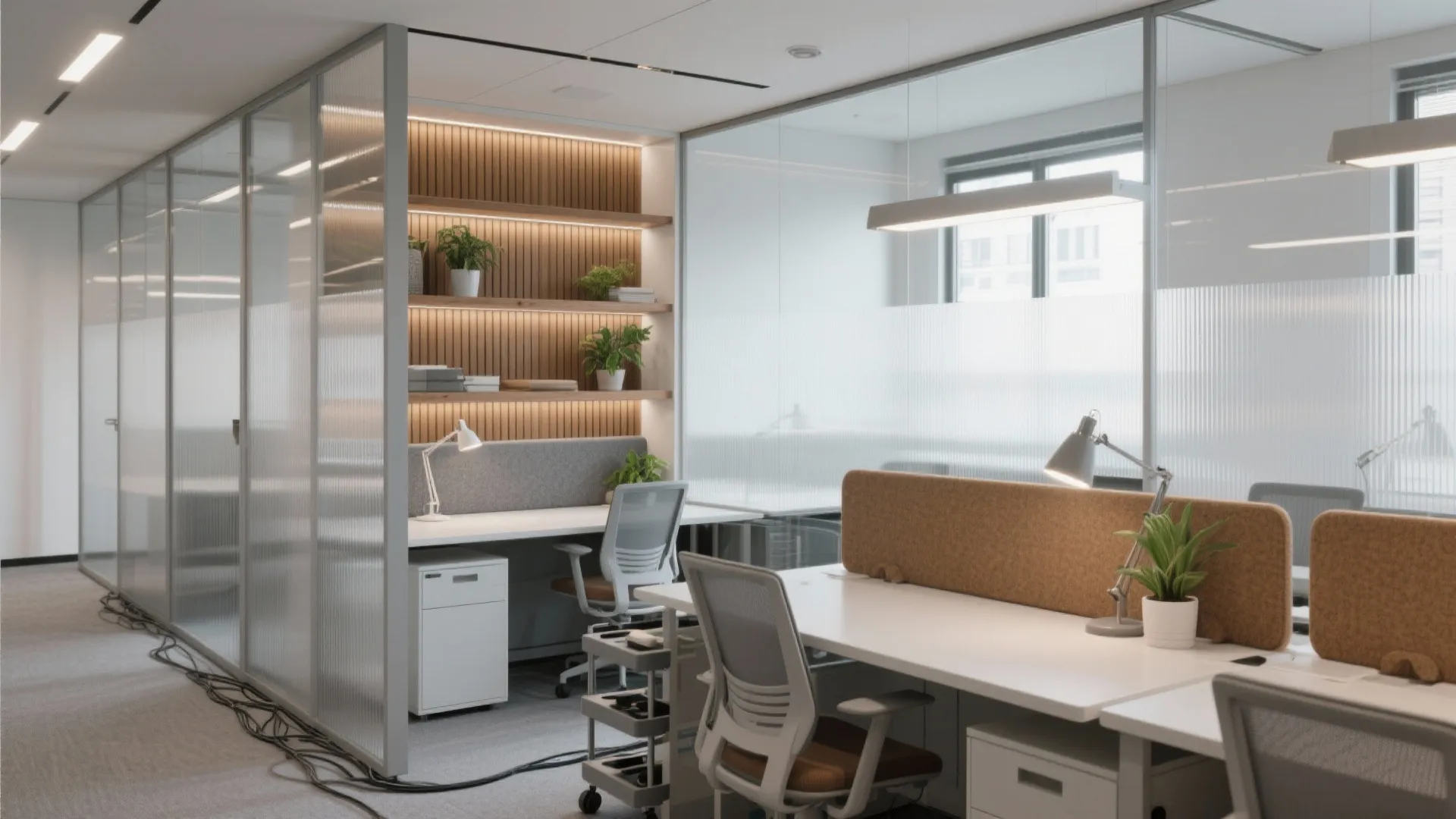 Modern office interior with glass walls wooden shelves white desks gray chairs and desk lamps
