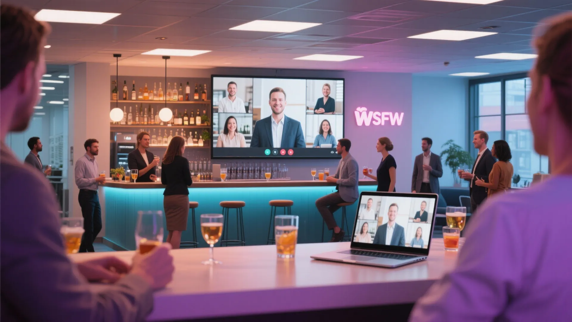 Office happy hour event with employees having drinks while watching a video call on big screen