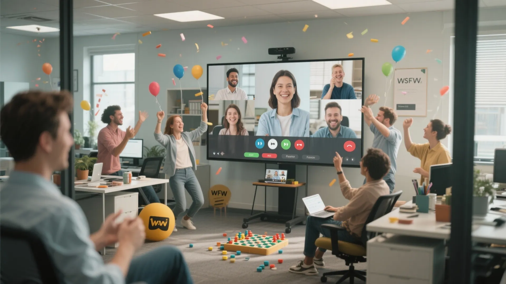 Office colleagues celebrating with balloons while having a video call on a large digital screen