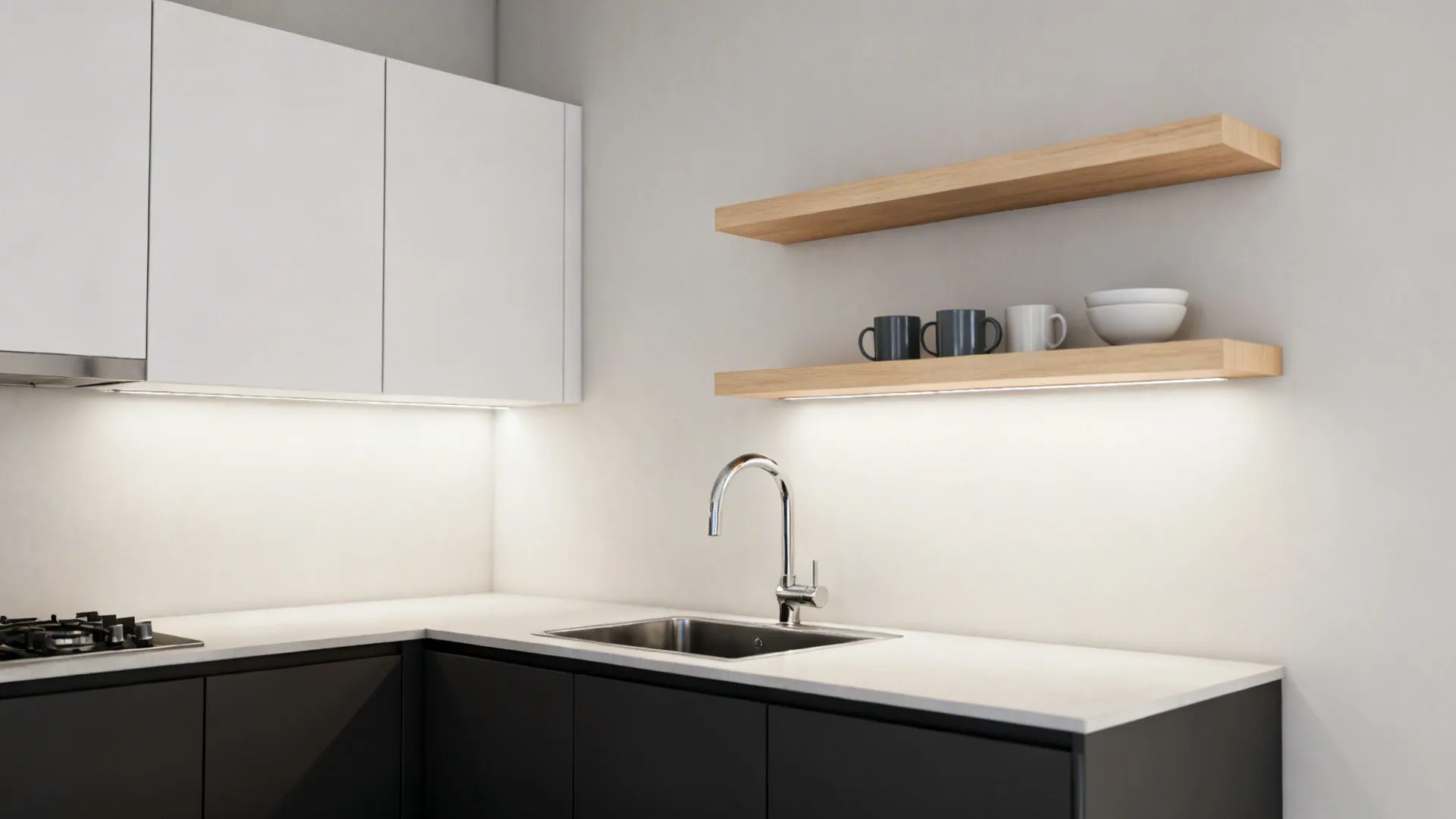 Compact kitchen with closed uppers near the range and open wood shelves by the sink.