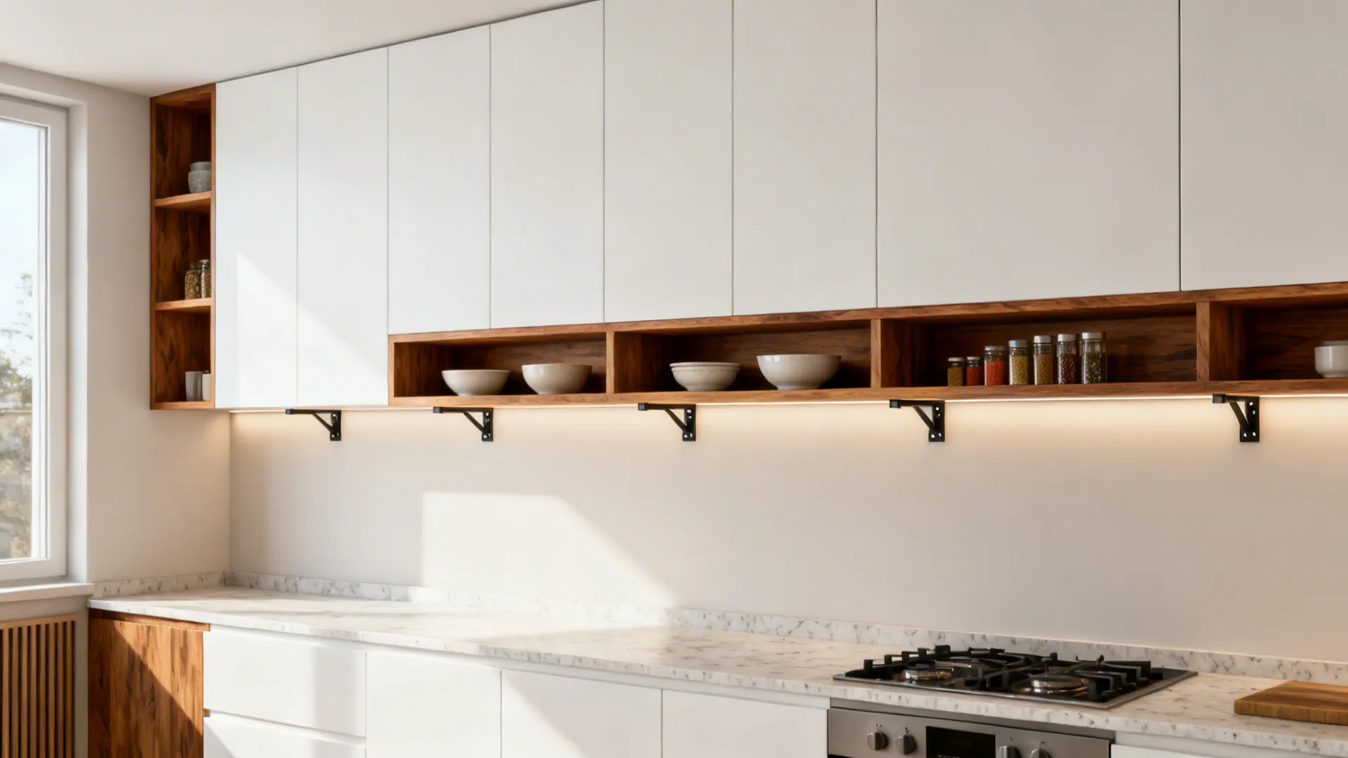 Hybrid kitchen wall with matte white uppers and aligned open oak shelves for daily items.