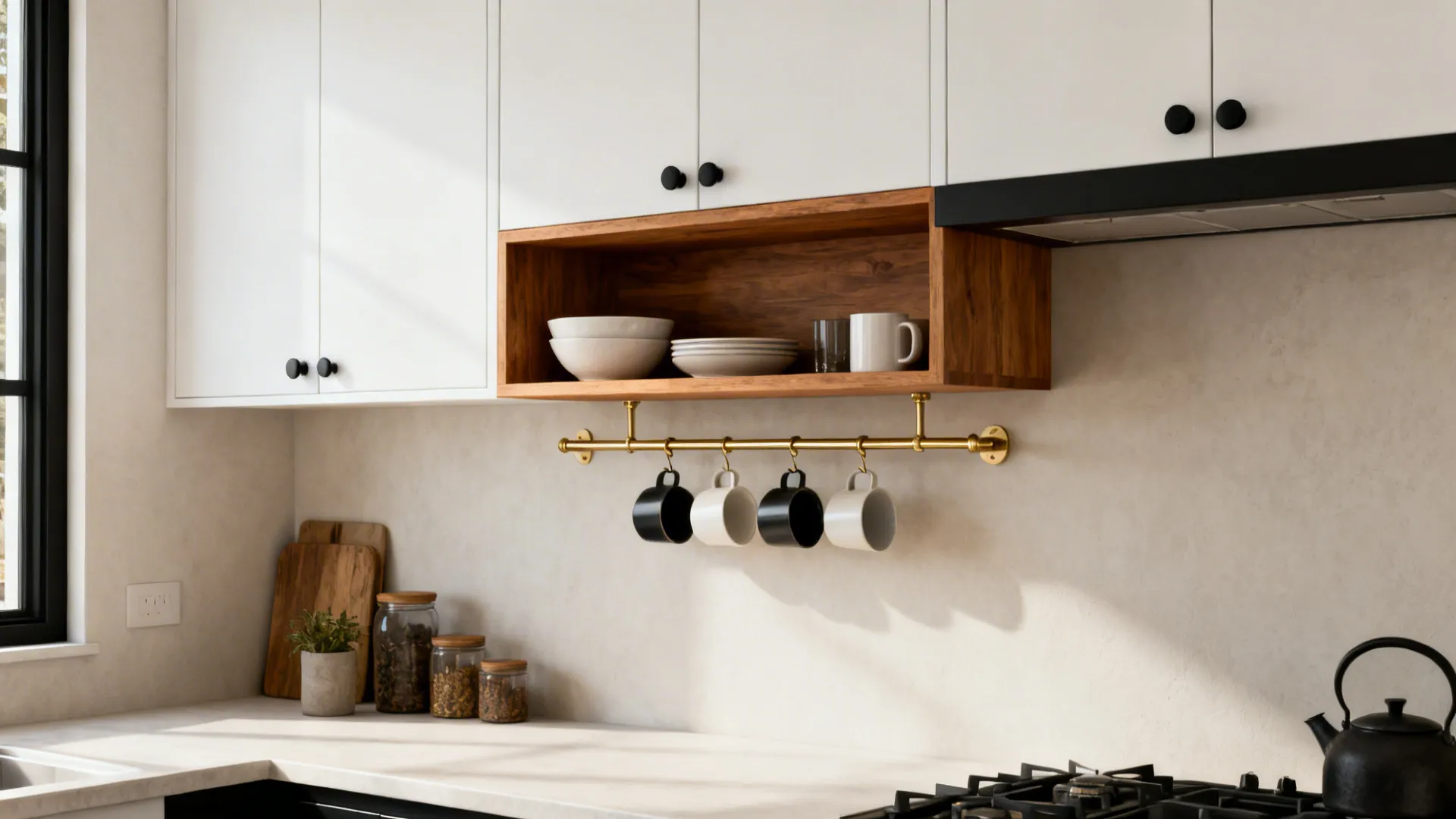 Hybrid kitchen storage with closed cupboards, a single open oak shelf, and a slim mug rail.
