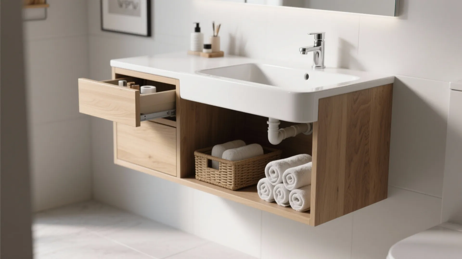 Open-Shelf + Drawer Hybrid for Small Bathrooms