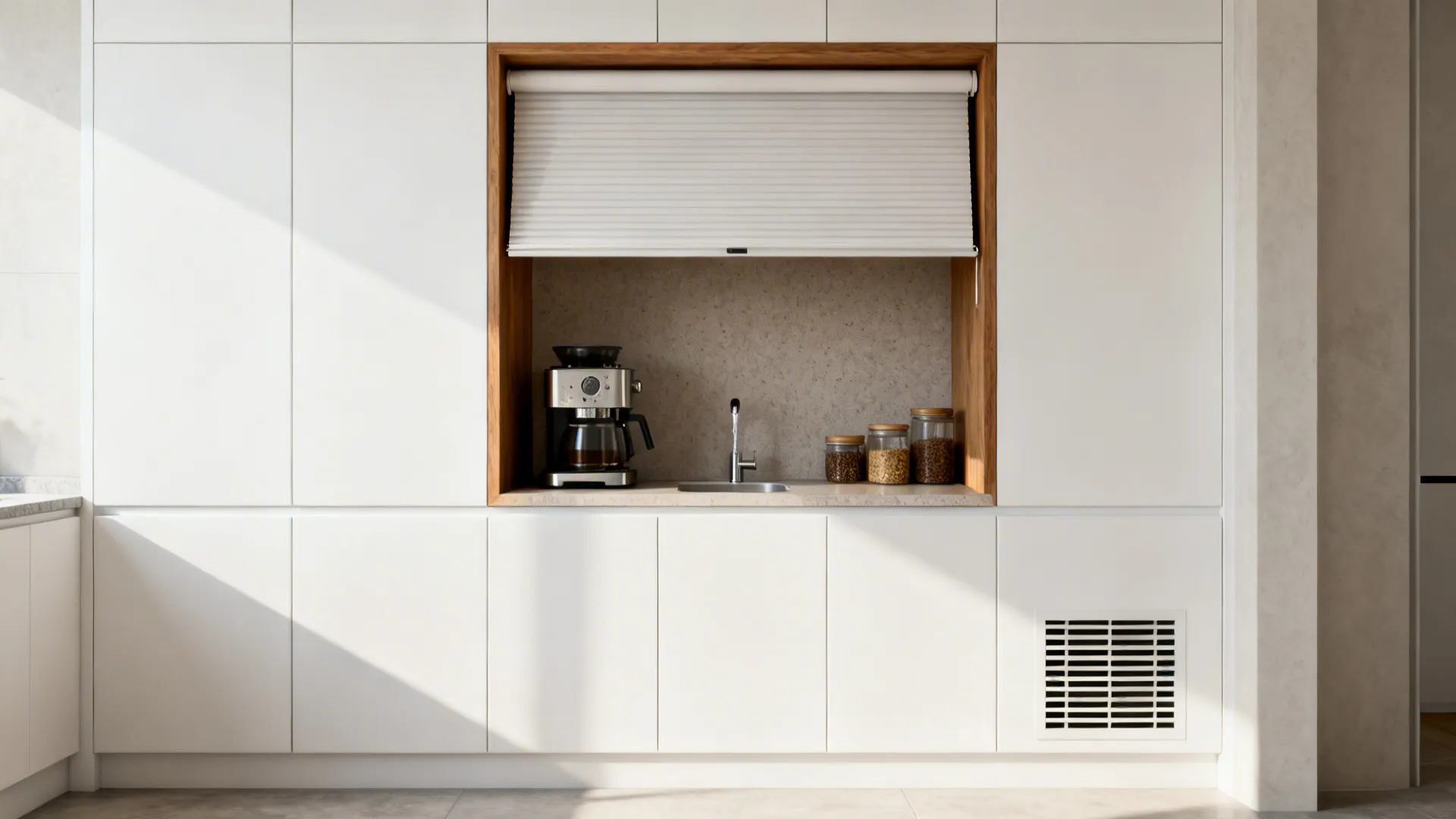 Tall matte white pantry units with a 60 cm oak-trimmed open niche for a coffee station and a tambour door.