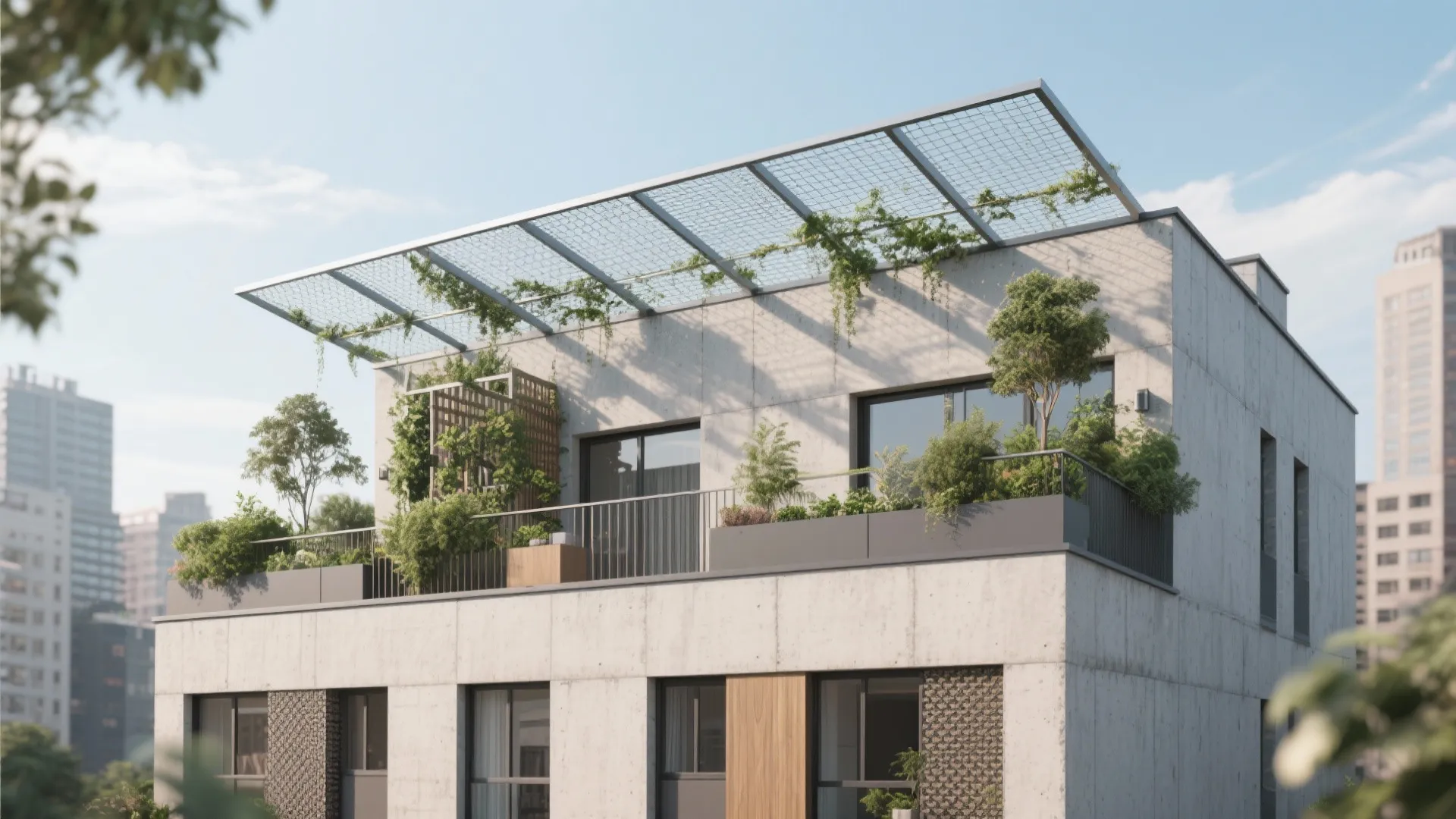 Modern concrete building with green plants on balconies and a metal mesh roof structure above