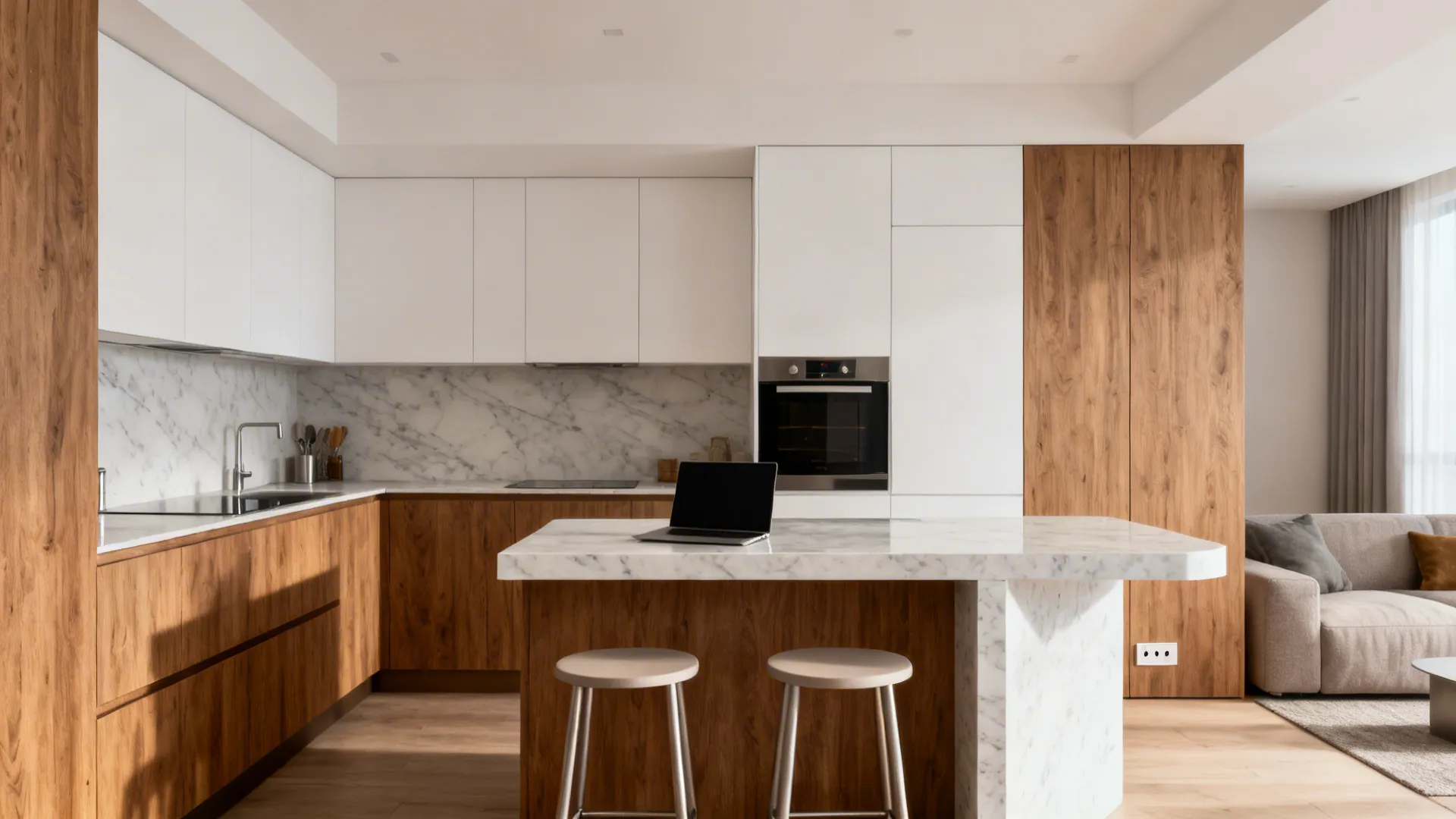 7.5 m² kitchen with an L-shaped layout and a quartz waterfall peninsula with seating and clear aisle