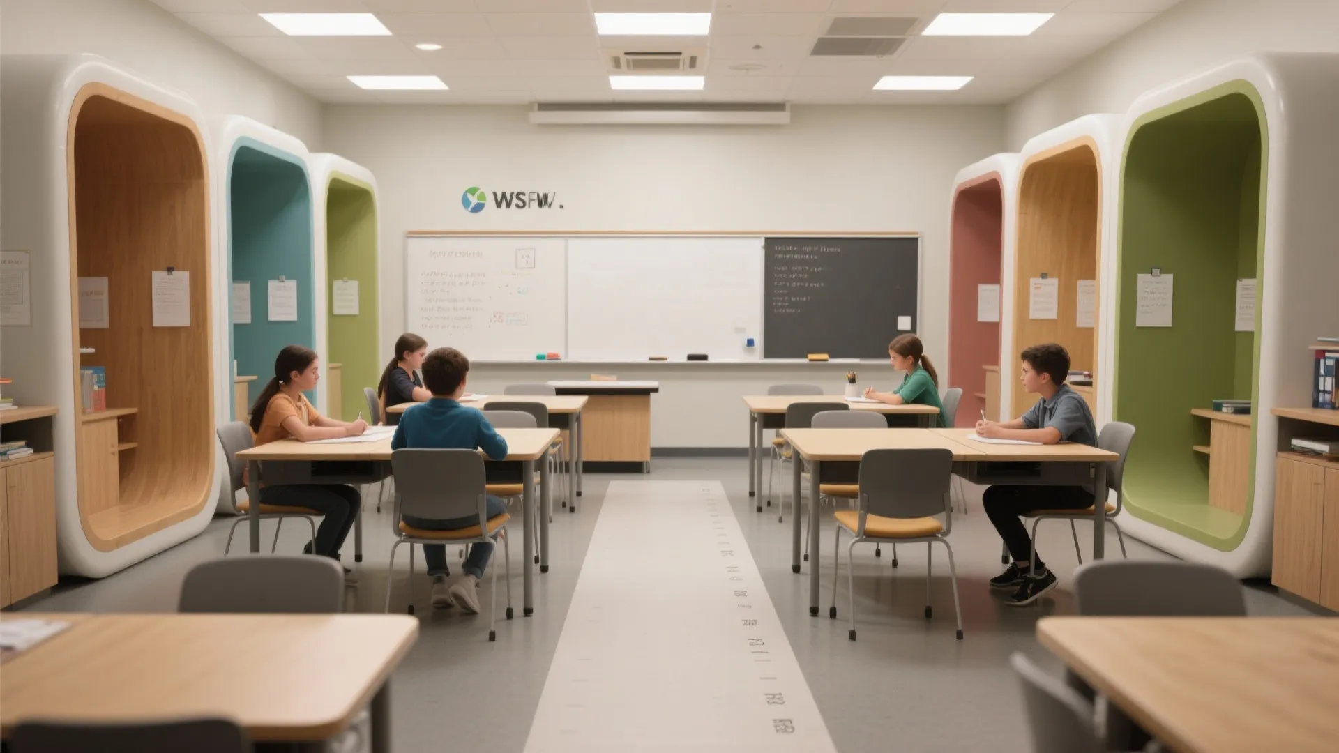 Classroom interior design featuring students at desks and colorful study pods for a hybrid layout