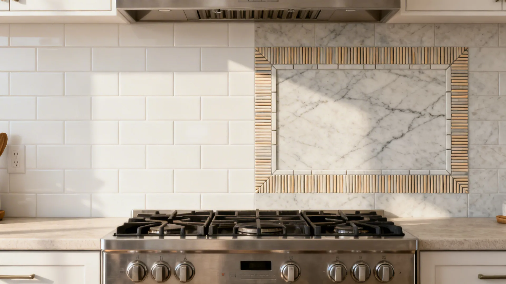 Split view showing porcelain field tiles and a quartz remnant feature panel behind the range.