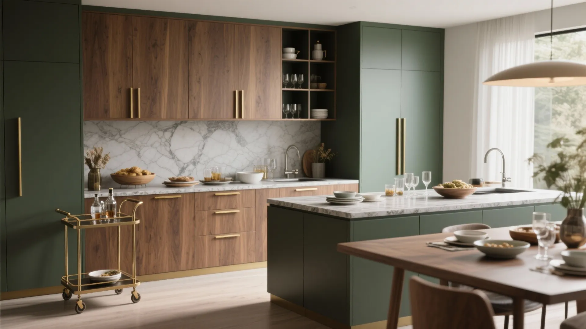 Contemporary kitchen with green and wood cabinets, marble backsplash, kitchen island, and gold metal cart