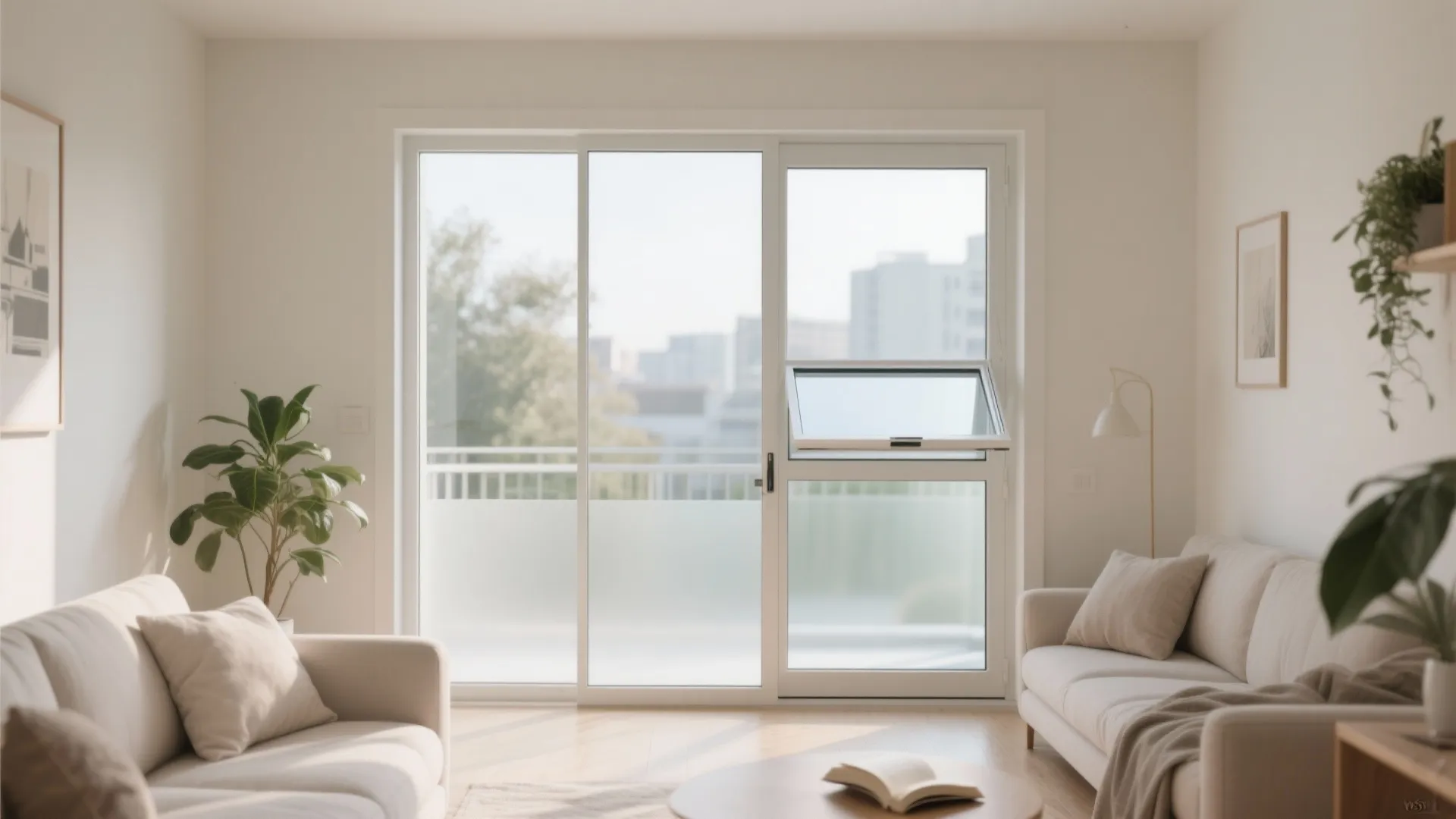 Hybrid balcony door with clear upper glass, frosted lower panels, and a tilt-and-turn vent panel.