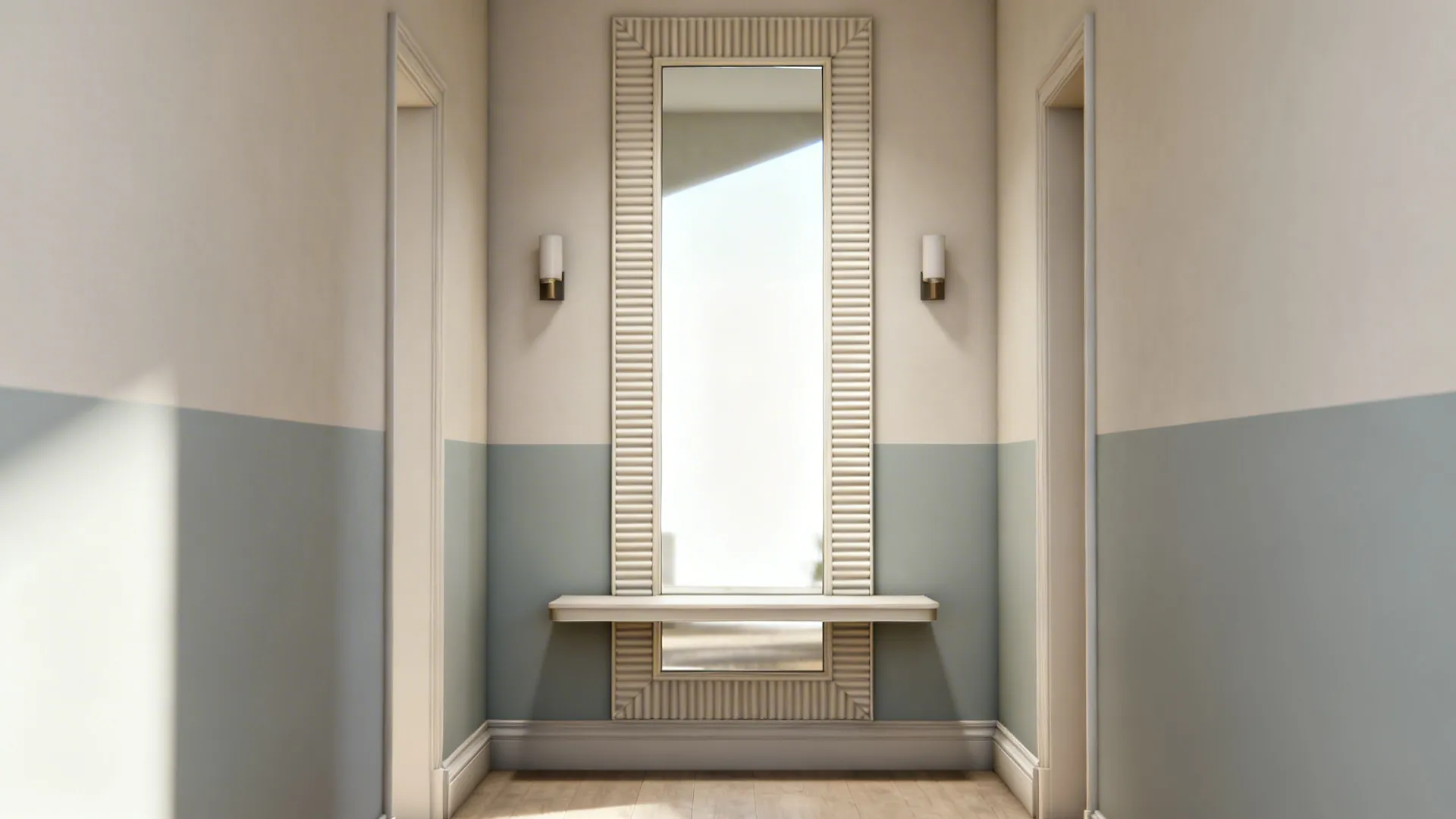 Hybrid accent wall with fluted PVC framing a tall mirror and color-blocked paint.