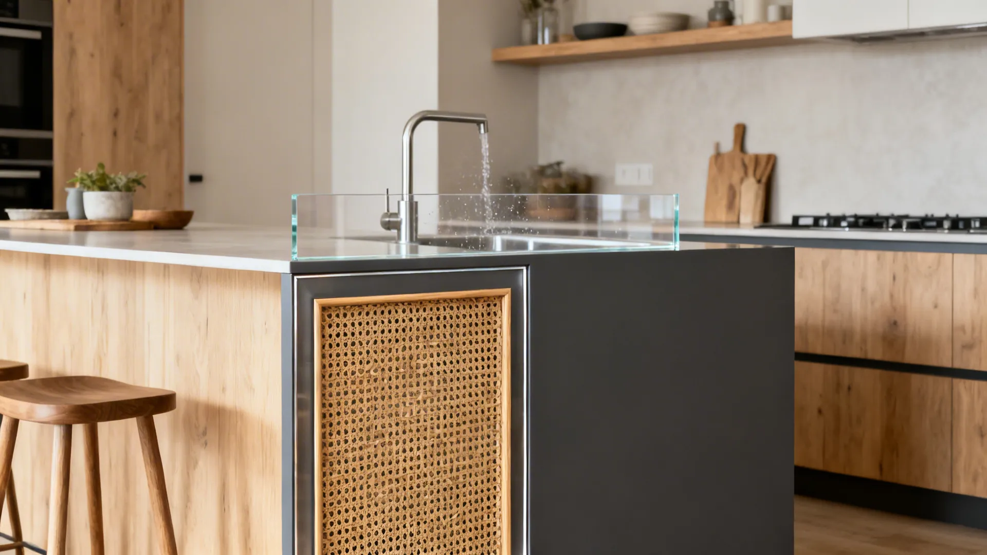 Hybrid rattan jali in a slim metal frame with clear acrylic backer at a small kitchen peninsula end.