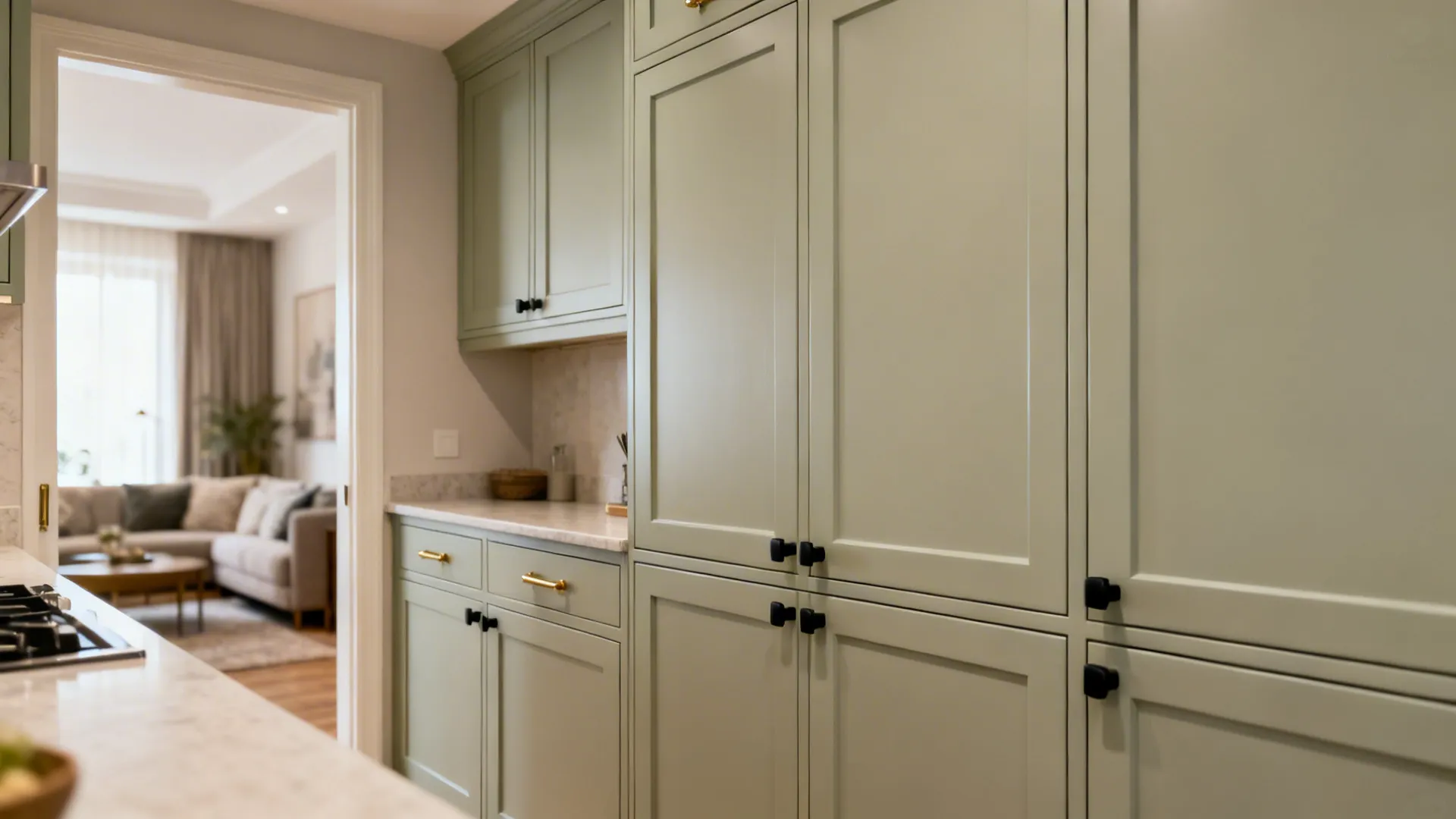 Compact kitchen with slim-rail Shaker doors in soft sage and light countertops.