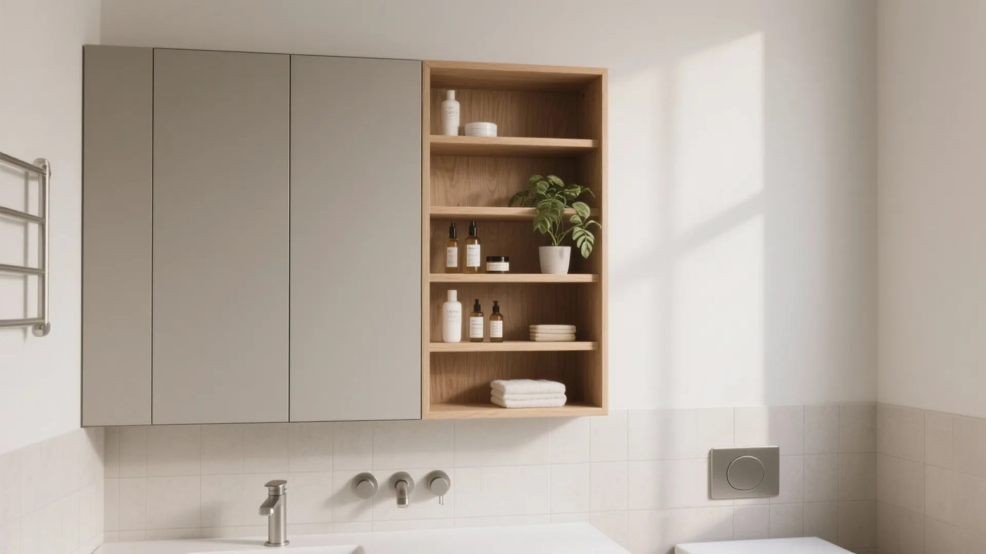 3) Shallow Open Shelving Meets Closed Cabinet Hybrid