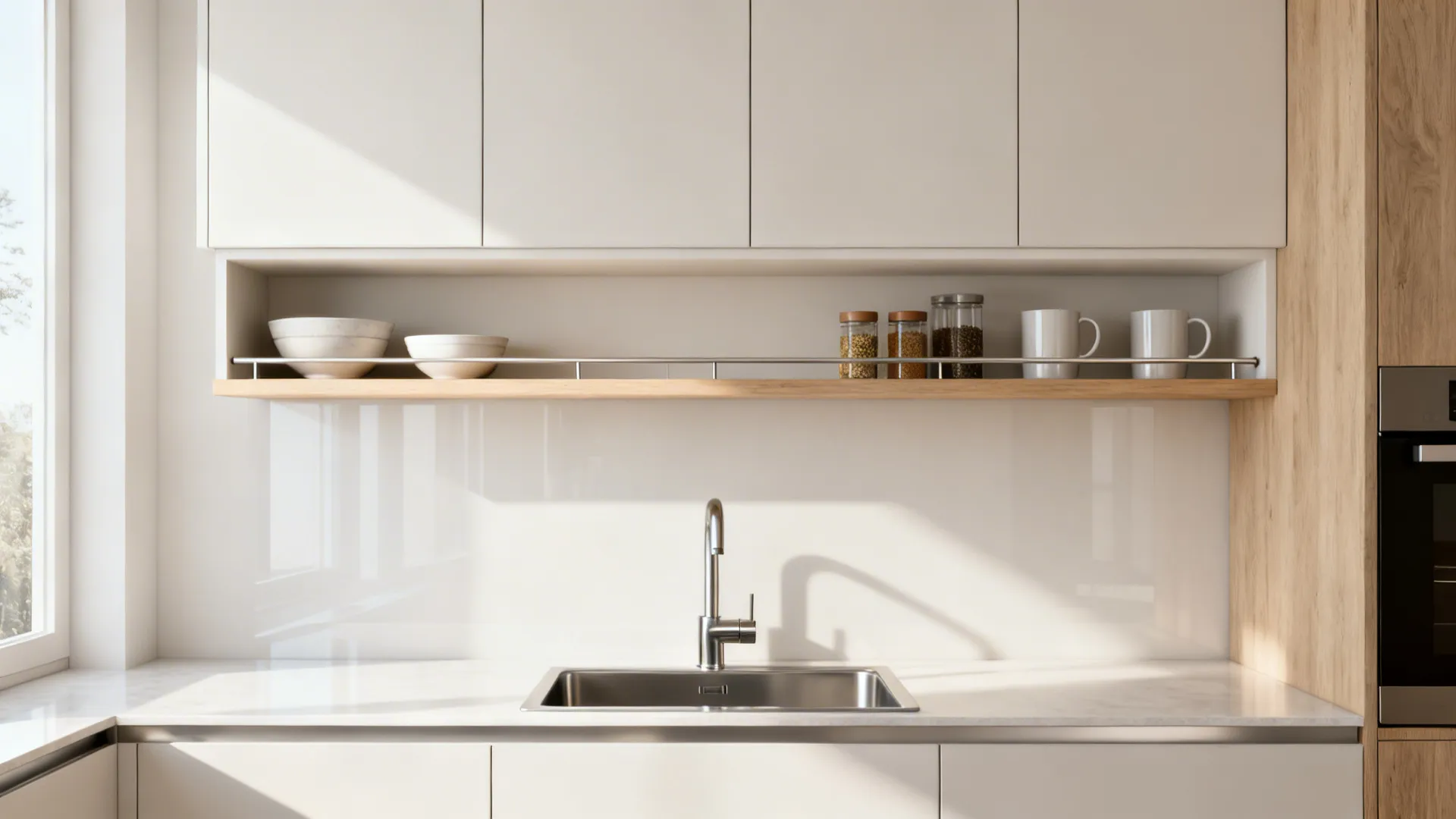 Hybrid wall with closed matte cabinets and a single open shelf above the sink for daily items.