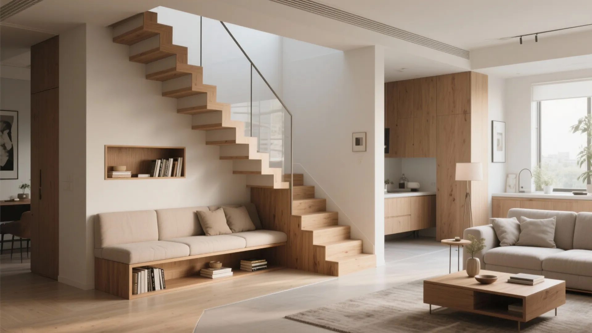 Hybrid stair with built-in bench and niche