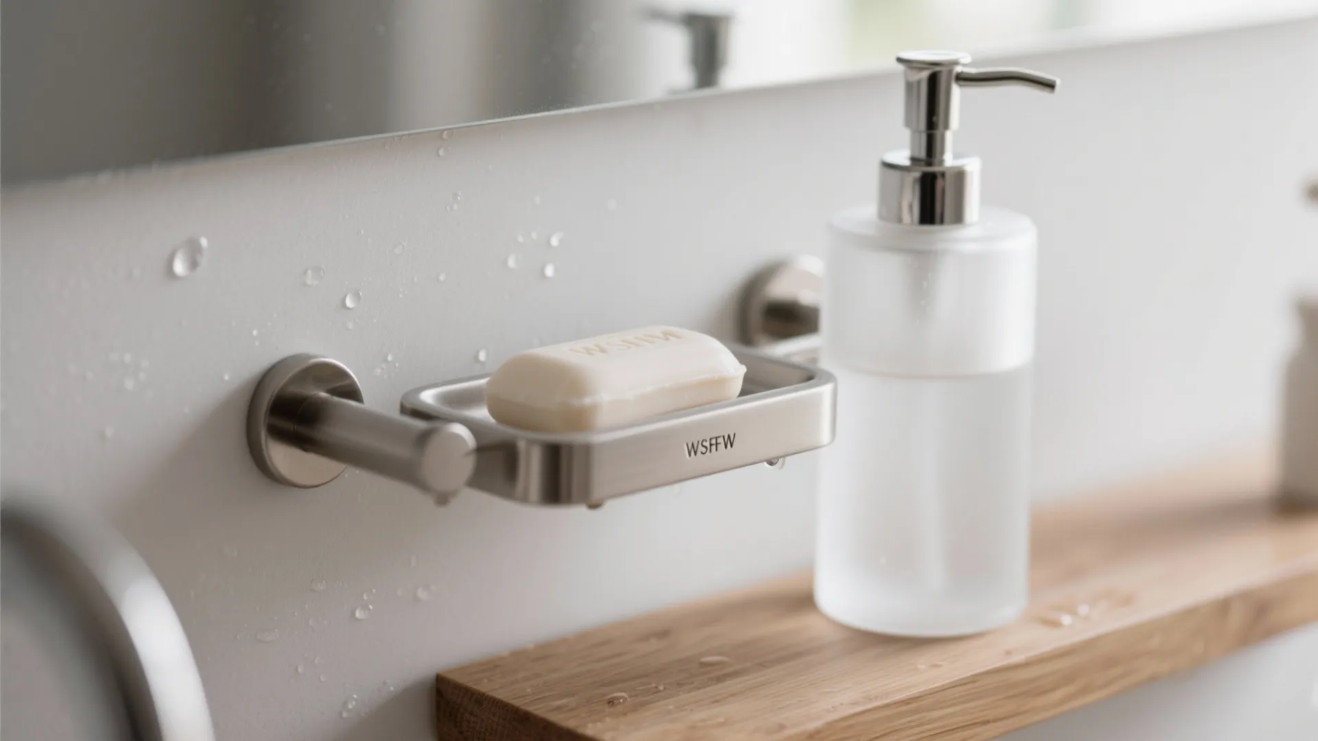 Close up of metal soap holder with white soap and liquid bottle on wood shelf