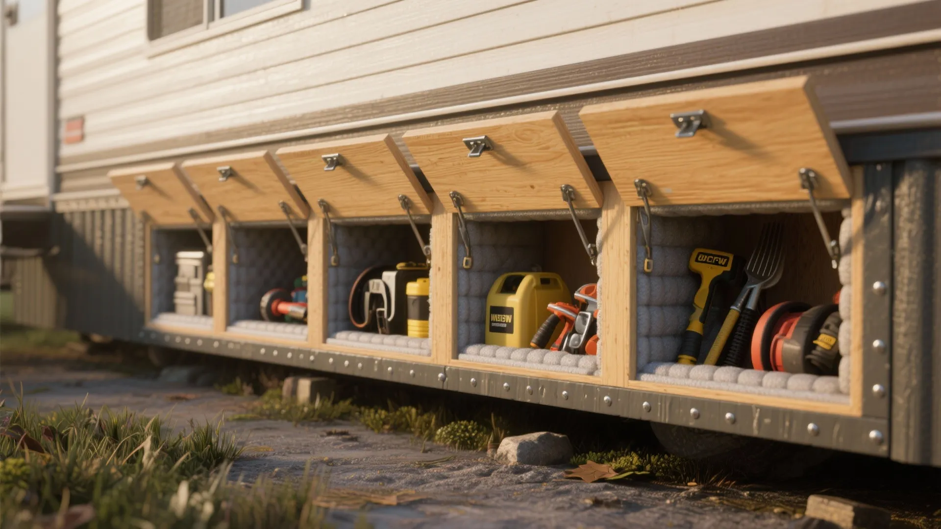 Row of open outdoor storage boxes under house siding filled with tools and home equipment