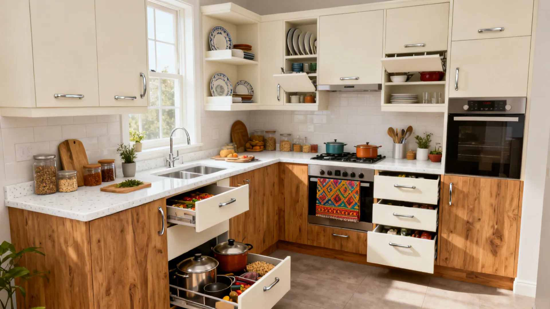 Compact kitchen with deep drawers below and limited lift-up upper cabinets for occasional use.