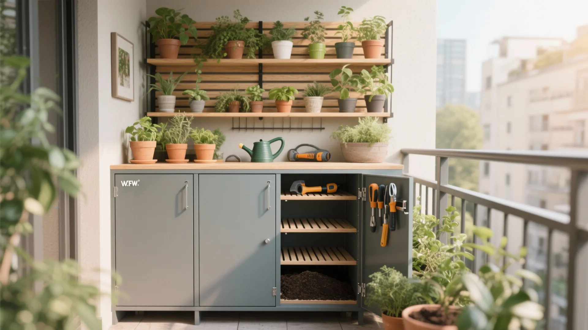 Hybrid balcony rack with a slim storage cabinet and slatted plant shelves above.