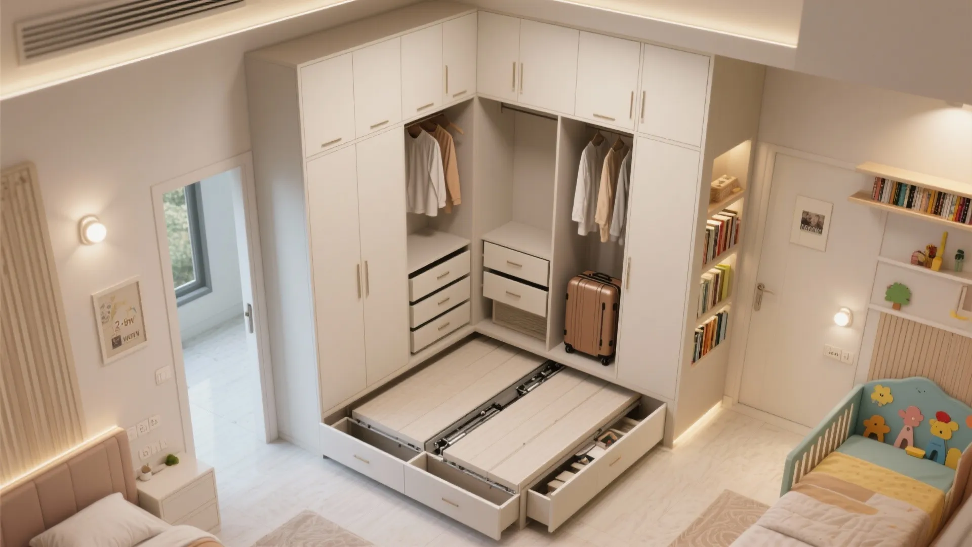 Hybrid storage: tall wardrobes + under-bed + niche walls